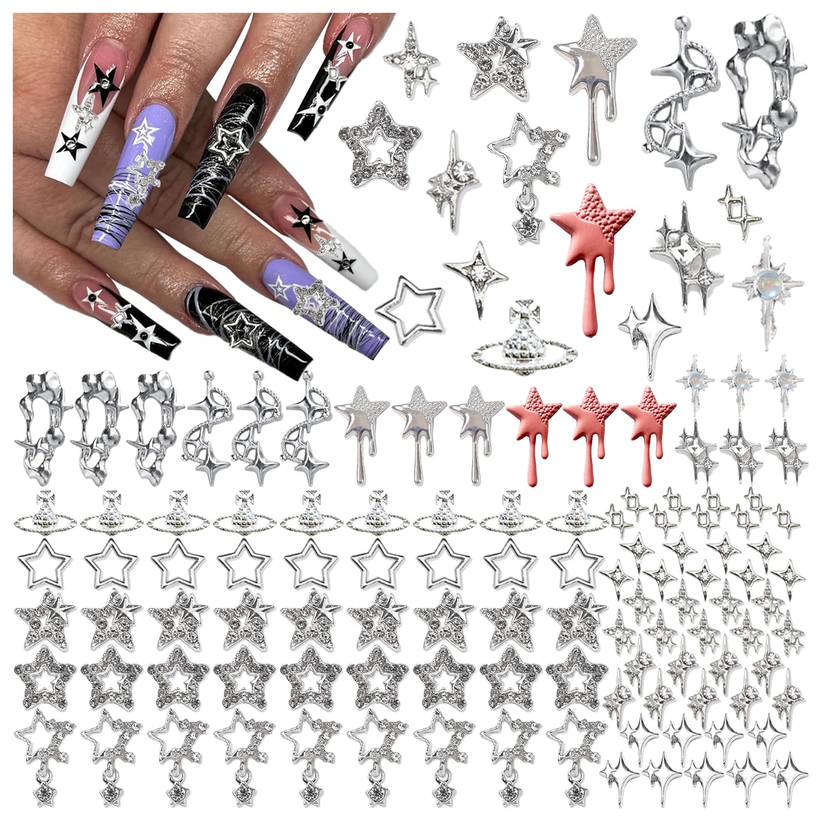 XIYONALI 124PCS Star 3D Nail Charms for Acrylic Nails, Silver Nail Gems Alloy Starburst Nail Accessories, Nail Rhinestones for N