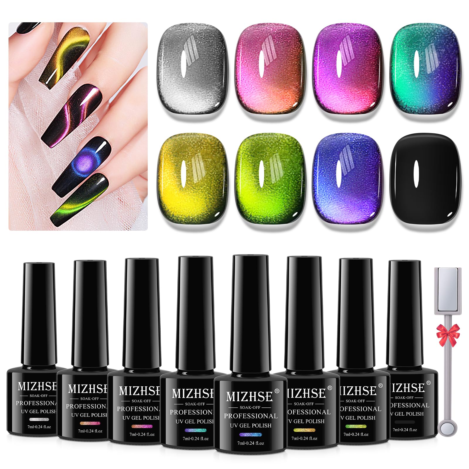 Mizhse Cat Eye Gel Nail Polish, 8 Colors Magnetic Gel Polish Set With Magnet Stick, Chameleon High Gloss Spring Colors Green Yel