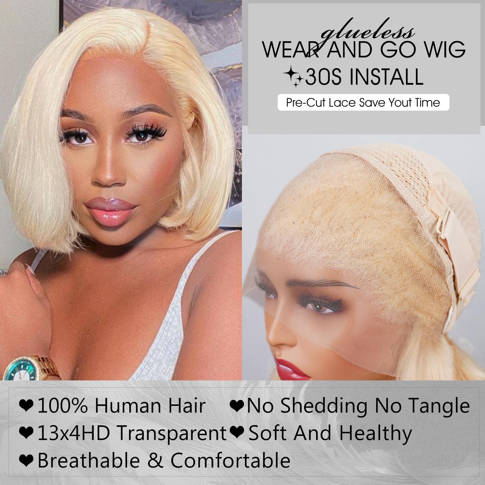 Megalady Beauty Arabella 613 Bob Wig Human Hair 13X4 Ready To Go Glueless Wig 180% Density Straight 613 Bob Wigs Human Hair Pre
