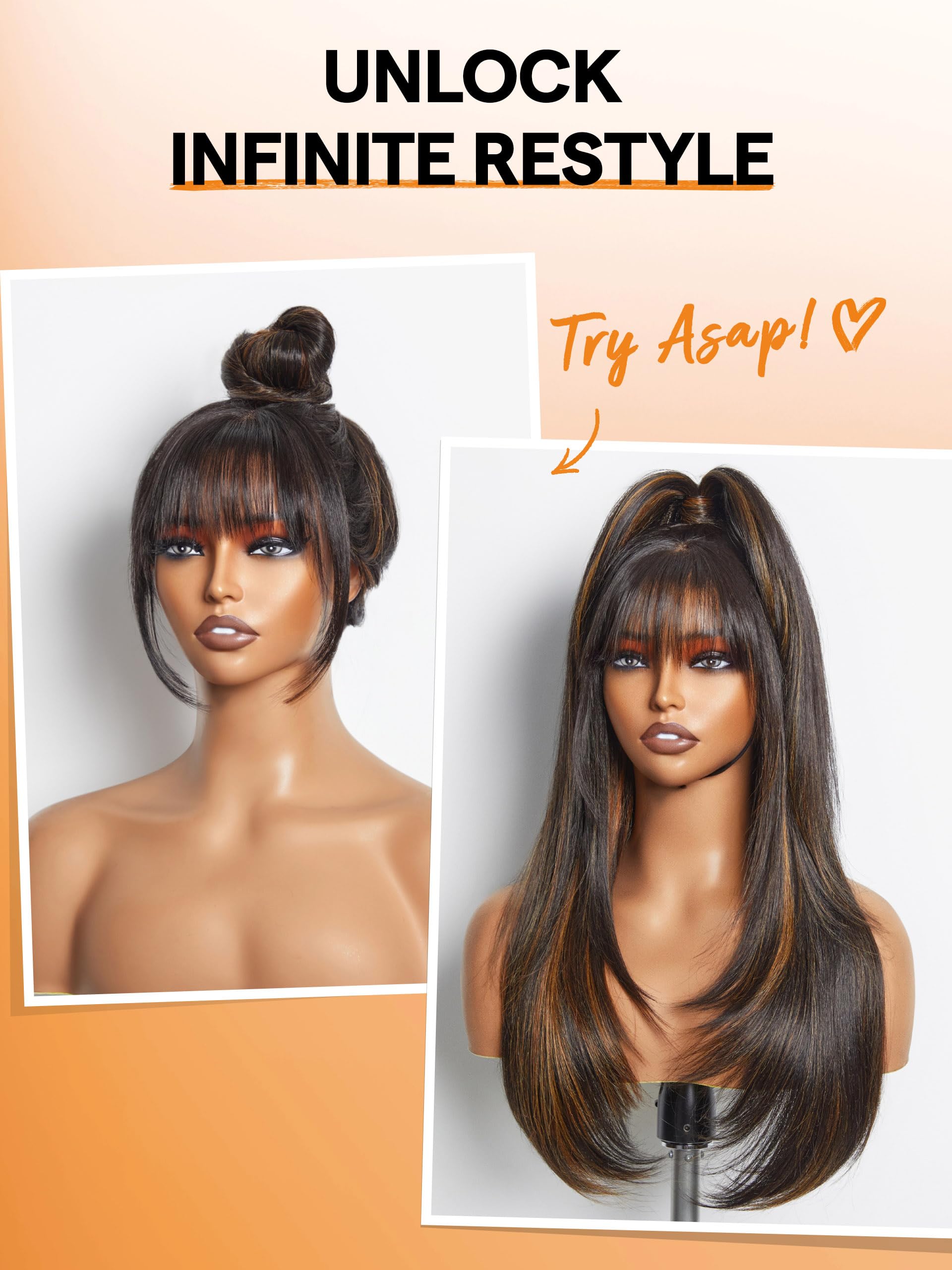 Gorgius Highlight Straight Layered Wigs With Bangs Glueless Black Mixed Brown Wig 22 Inch Put On Go Wigs Crafted With Style-Arch