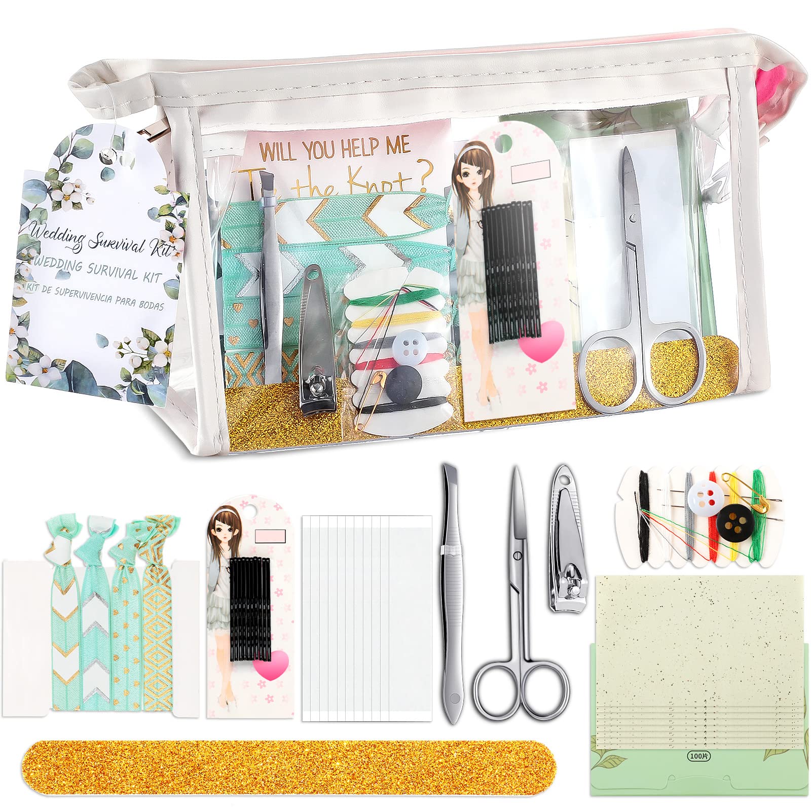 132 Pieces Wedding Survival Kit Bridal Mini Emergency Kit Bridal Party Proposal Gifts for Women with Makeup Bags Floral Wedding 