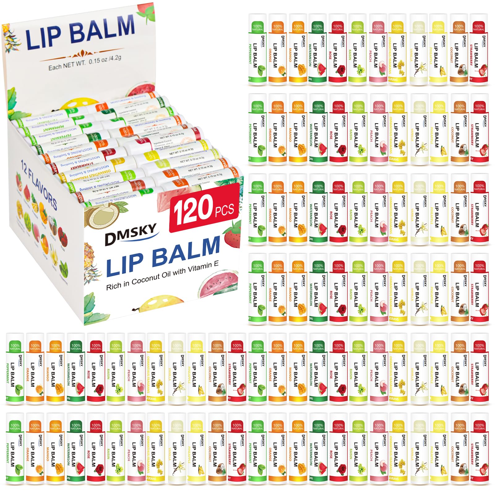 DMSKY 120 Pack Lip Balm, Lip Balm Bulk with Vitamin E and Coconut Oil, Moisturizing Lip Balm for Dry Lips, Stocking Stuffers for