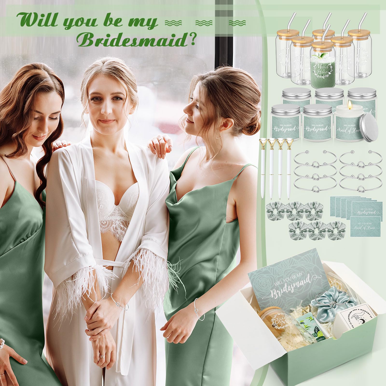 Teenyyou 60 Pcs Bridesmaid Proposal Gifts Bridesmaid Box Set, Maid of Honor Gifts Include Box Glass Cup Candle Cards Scrunchies