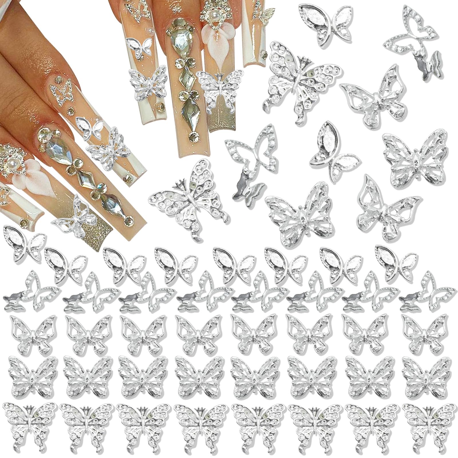 RODAKY 50PCS Silver Butterfly Nail Charms 3D Butterflies Charms for Nails Metal Butterfly Nail Jewelry Shiny Nail Gems for Manic