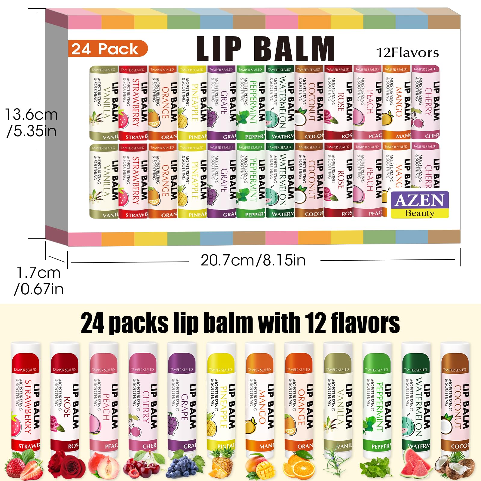 AZEN 24 Pack Lip Balm Stocking Stuffers, Natural Lip Balm Bulk, Lip Care Christmas Gifts, Moisturizing Lip Balm for dry cracked