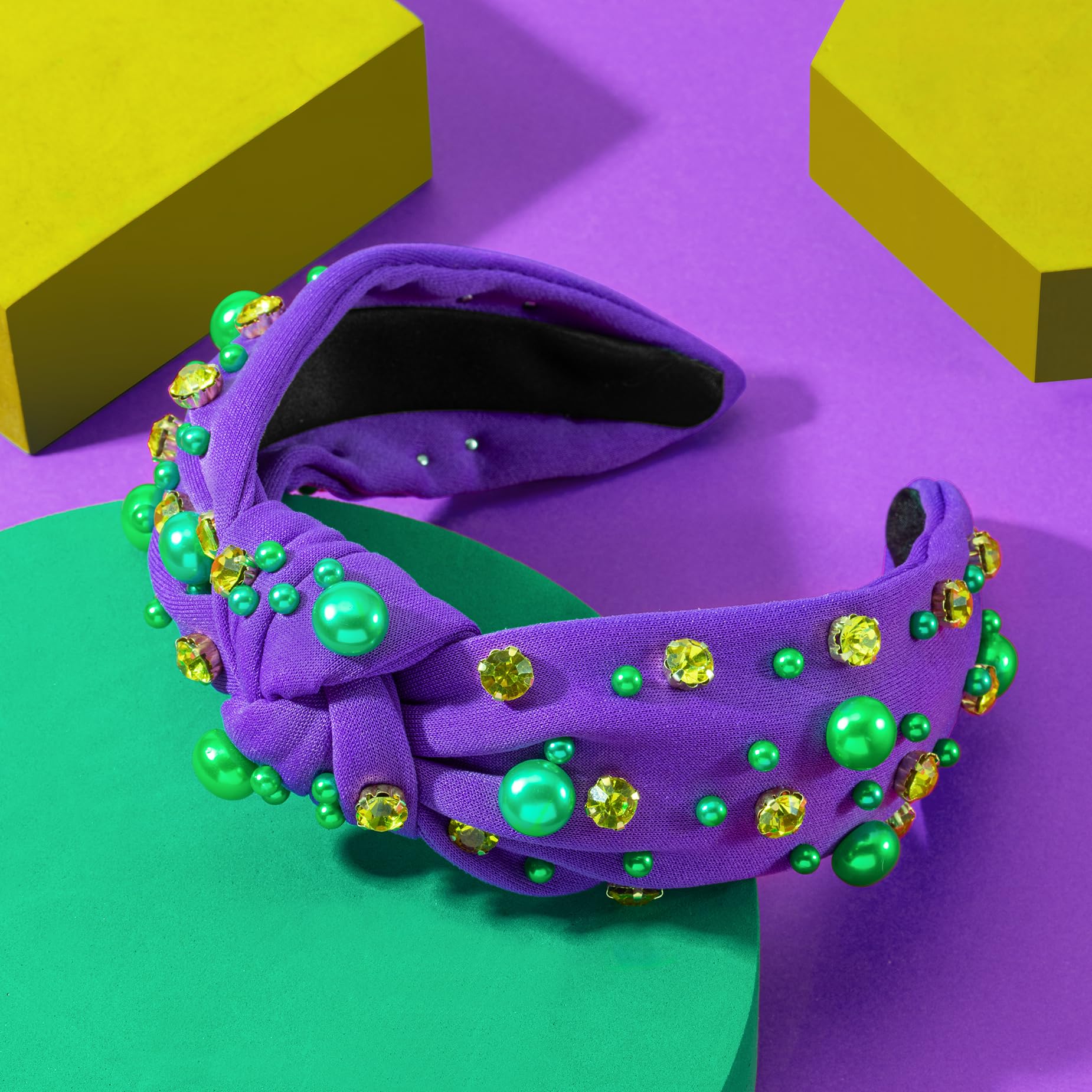 Mixcbe Hairband, Mardi Gras Headband for Women Holiday Purple Green Yellow Pearl Crystal Jeweled Knotted Purple Hairband Outfits