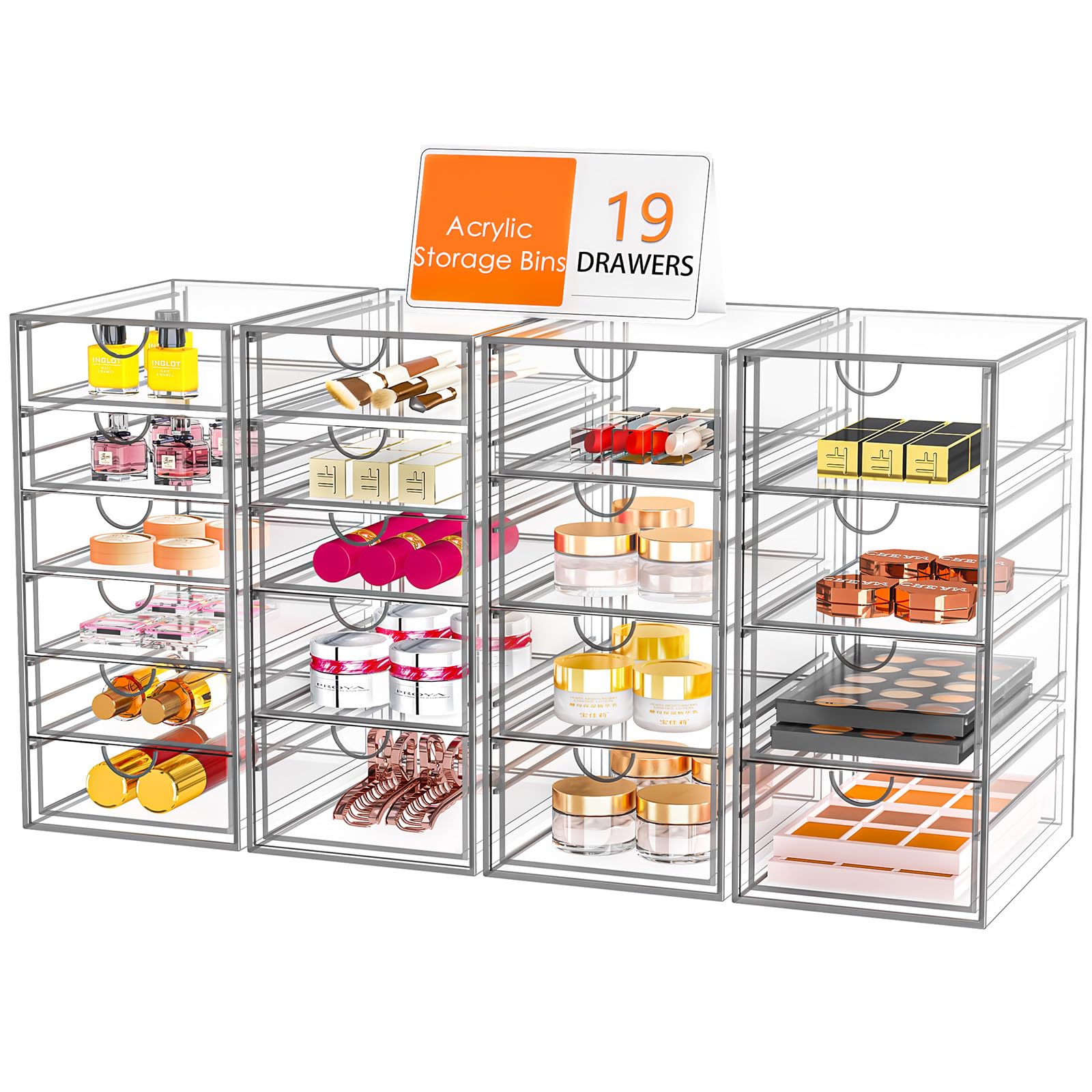Yfxcvsl Acrylic Makeup Organizer With 19 Drawers, 4 Pack Clear Storage Drawers, Bathroom Makeup Organizer For Palettes, Cosmetic