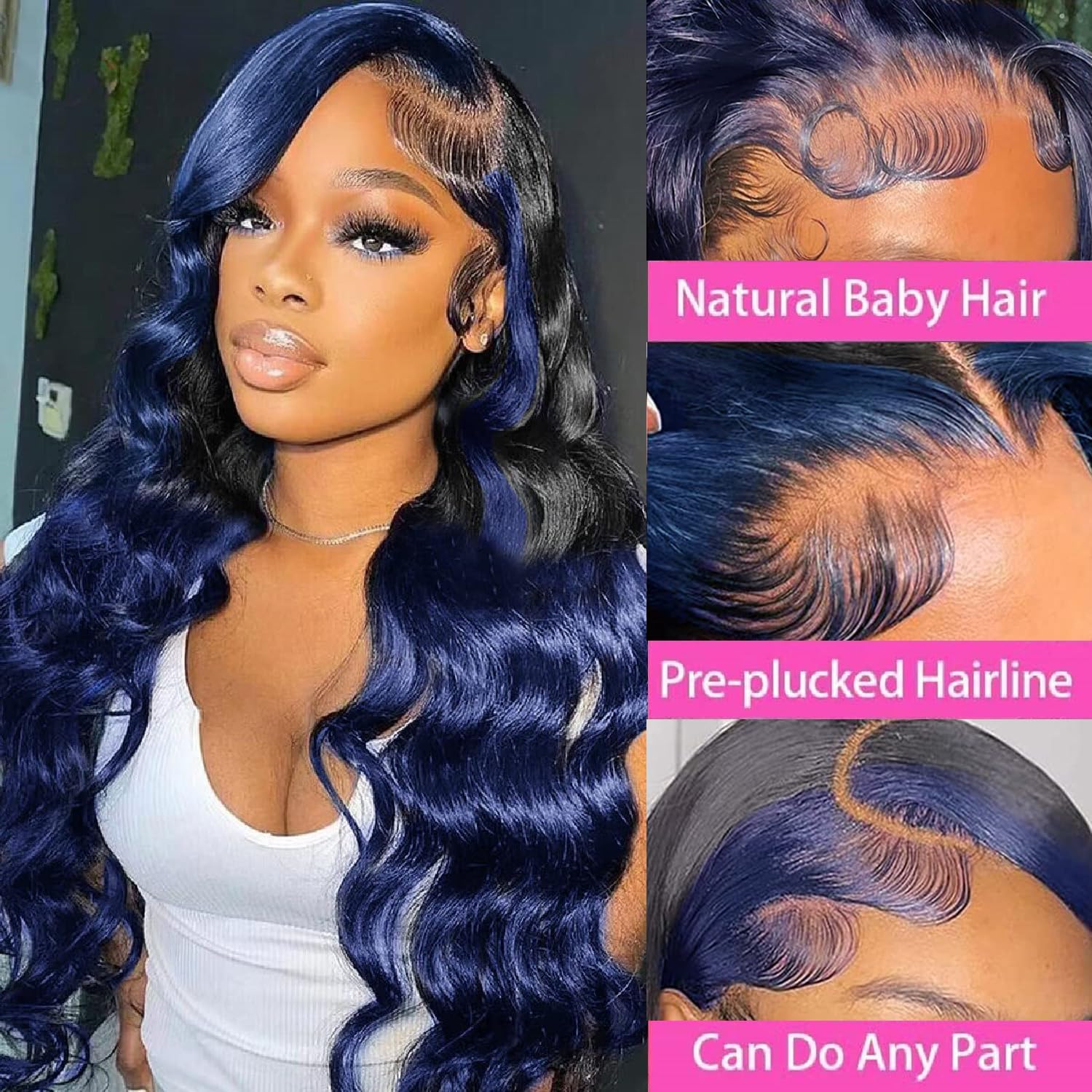 Ombre Blue13X4 Lace Front Wigs Human Hair Body Wave 1B/Blue Skunk Stripe Lace Frontal Wigs Pre Plucked Hairline Royal Blue Highl