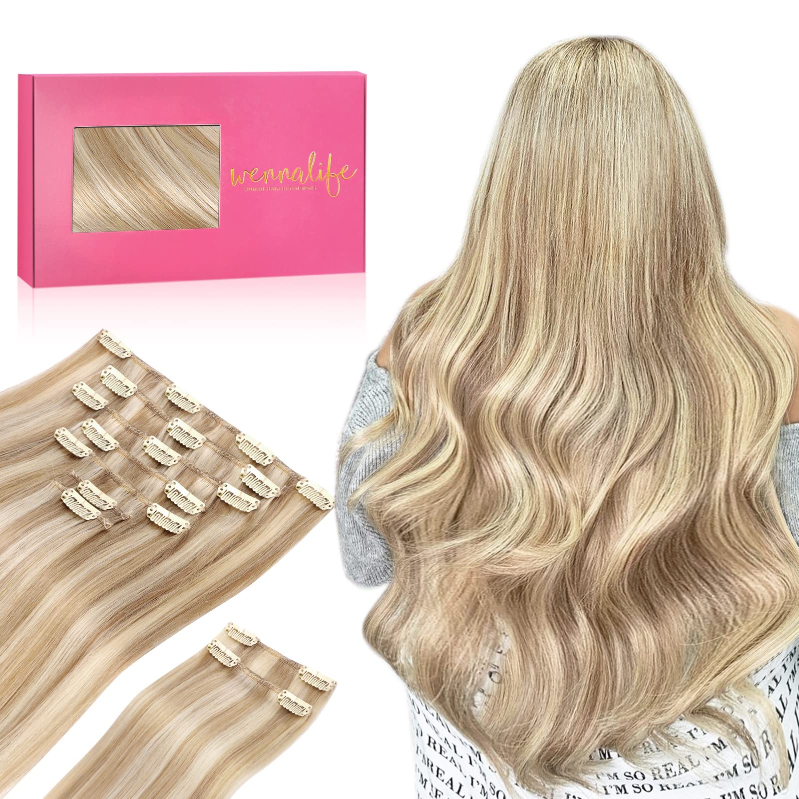 Wennalife Hair Extensions Clip In, 9Pcs 20Inch 150G Dirty Blonde Highlighted Bleach Blonde Thicker Clip In Hair Extensions Real