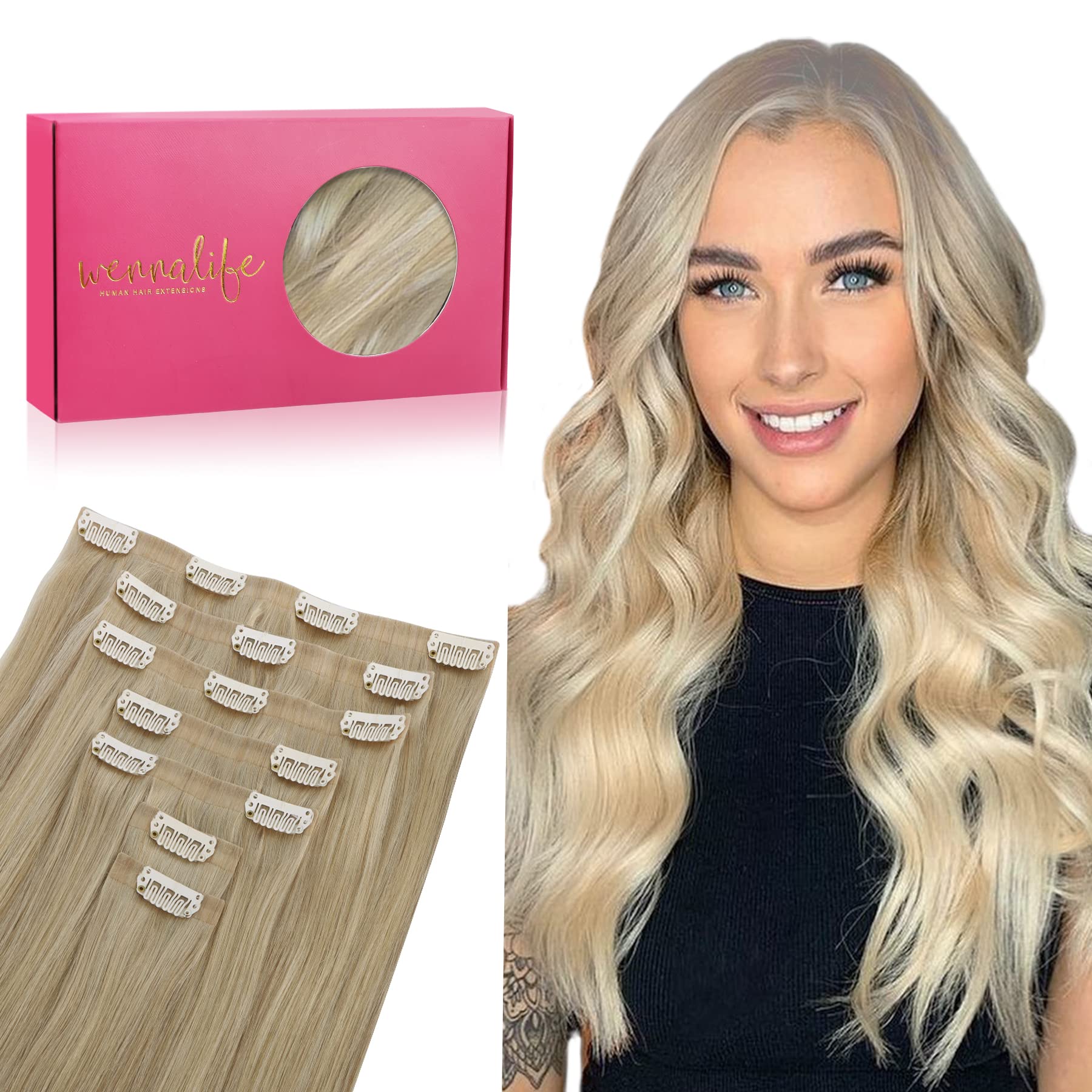 Wennalife Seamless Clip In Hair Extensions, 18 Inch 7Pcs 130G Ombre Ash Blonde To Golden Blonde Balayage Platinum Blonde Hair Ex