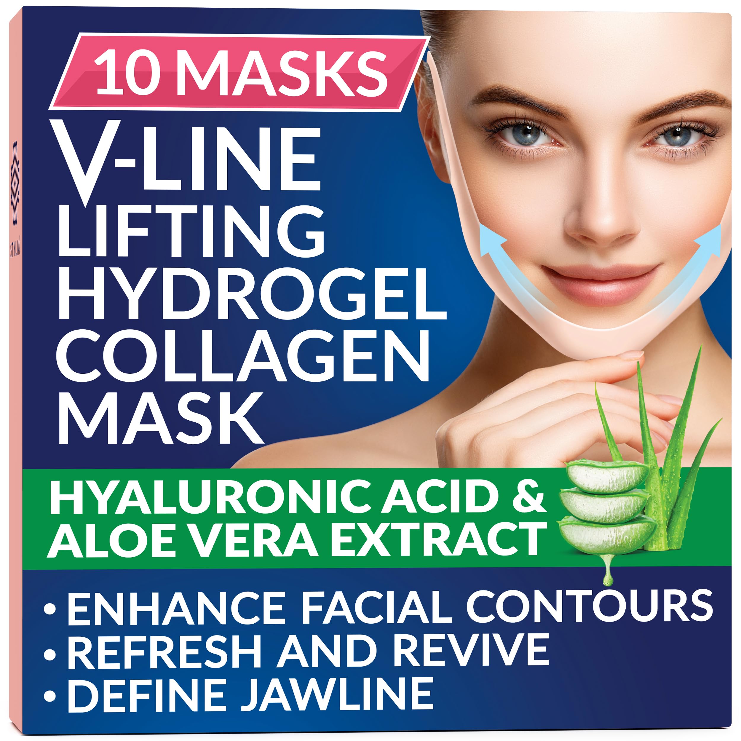 Stylia Double Chin Mask - V Line Chin Strap - Toning Hydrogel Collagen Face Mask with Hyaluronic Acid & Aloe Vera - 10PC