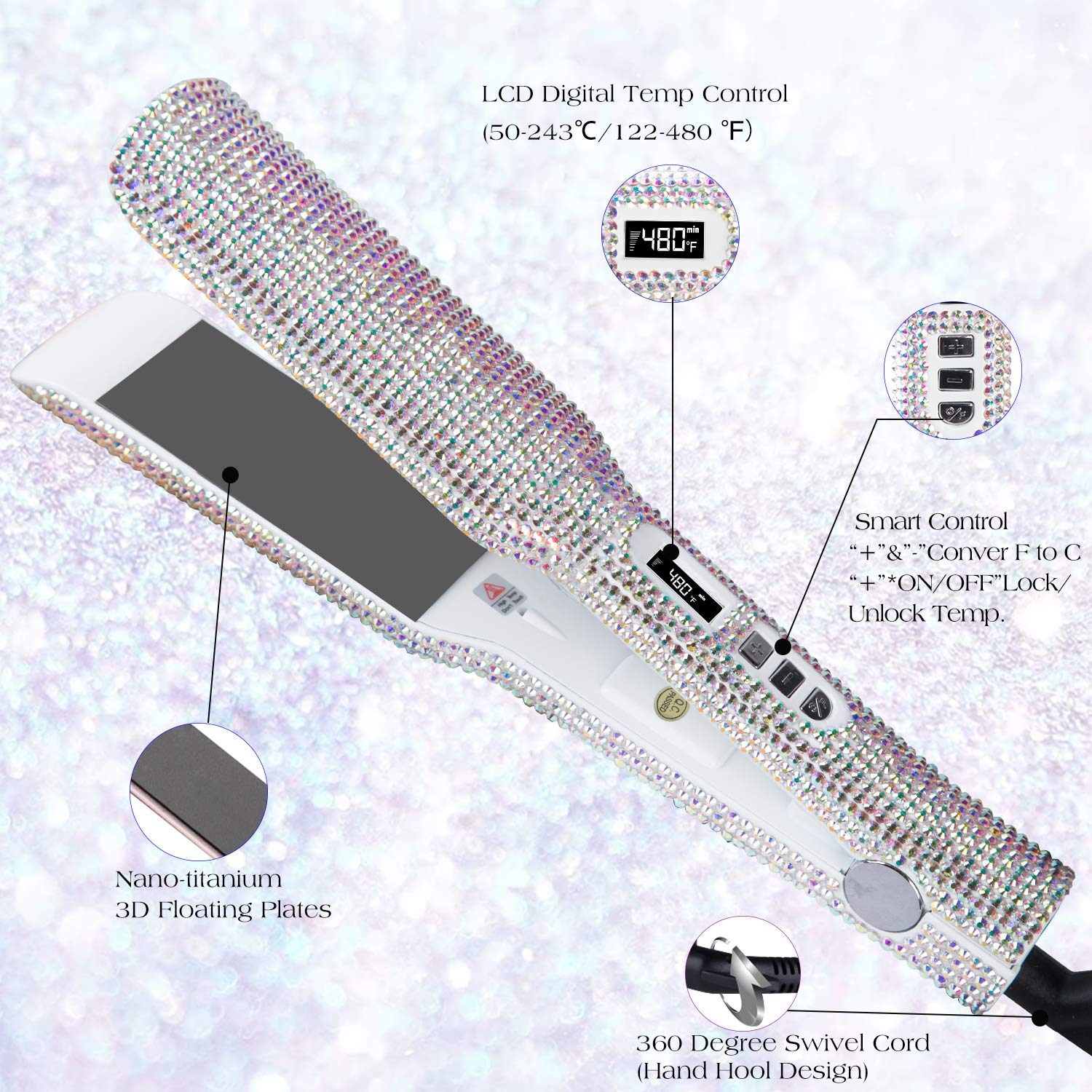 DORISILK Crystal Diamond Titanium Hair Straightener, 2 Inch Rhinestone Flat Iron, Dual Voltage Straightening Irons, Instant Heat