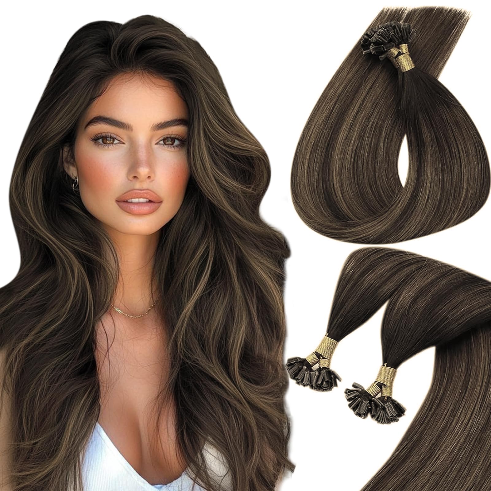 Sunny Hair U Tip Hair Extensions Brown U Tip Hair Extensions Human Hair Dark Brown Mixed Medium Brown Balayage Keratin Hair Exte