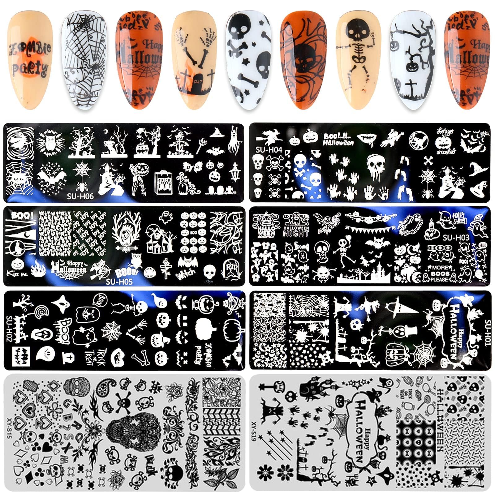 EBANKU 8PCS Halloween Nail Art Stamping Plates Templates Halloween Nail Stamp Plate Pumpkin Skull Bat Witch Nail Stamper Plates 