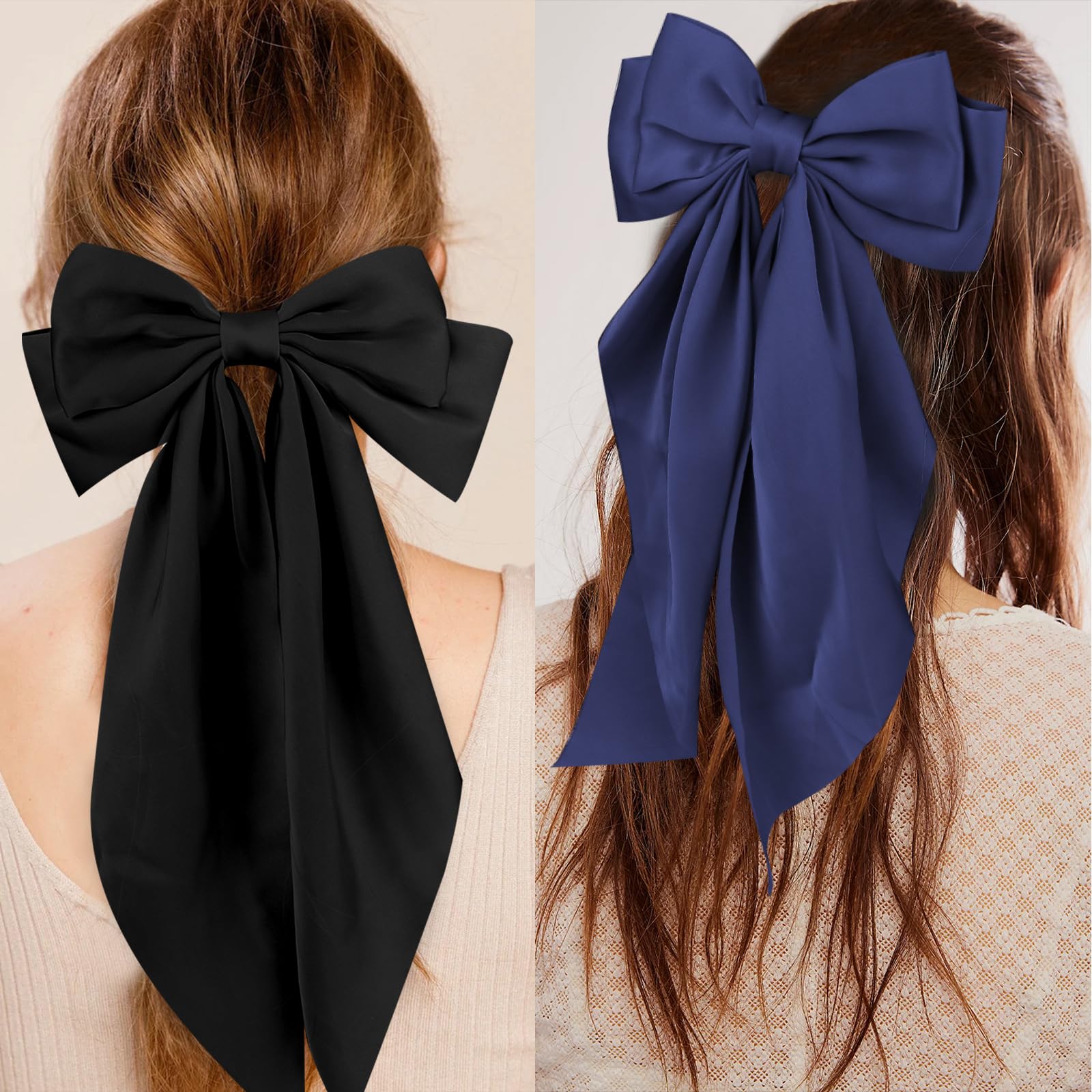 Wecoe 4Pcs Big Hair Bows For Women Red Green Navy Blue Black Satin Bows Hair Barrettes Cute Large Hair Clips Long Tail Valentine