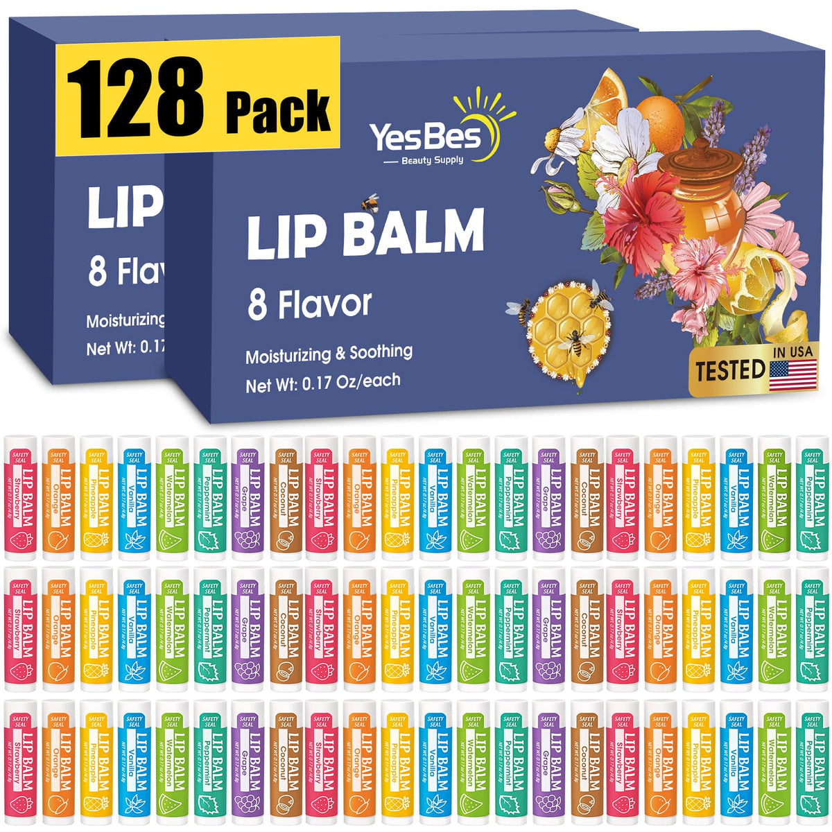 YesBes 128 Pack Lip Balm, Natural Lip Balm Bulk with Vitamin E and Coconut Oil, Moisturizing Lip Balm for Dry Cracked Lips, Lip 