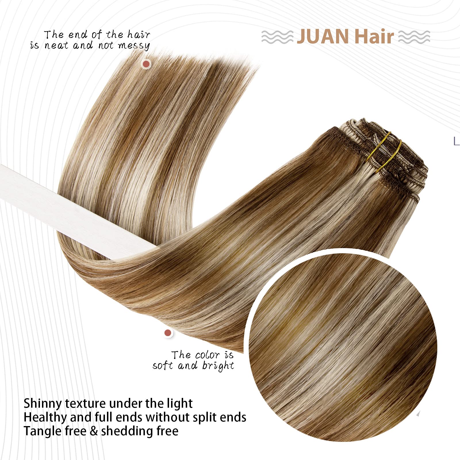 20 Inch Clip in Hair Extensions 70G Light Brown to Blonde Highlights 100% Remy Human Hair Extensions 7A Soft Silky Straight 7pcs