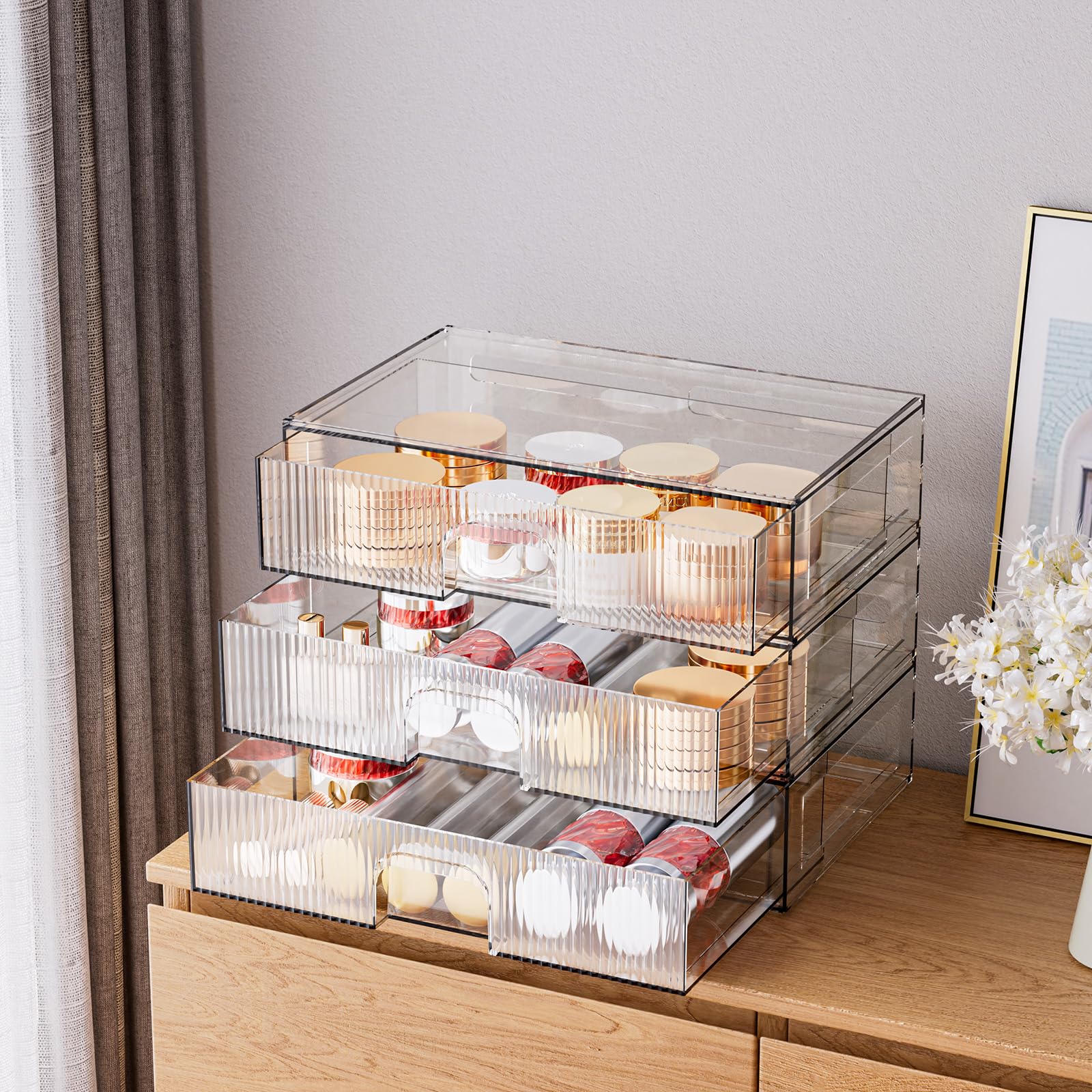 Zhiai Stackable Storage Drawer, 3 Piece Acrylic Organiser For Cosmetics And Beauty Products, Suitable For Dressers, Bathrooms, C