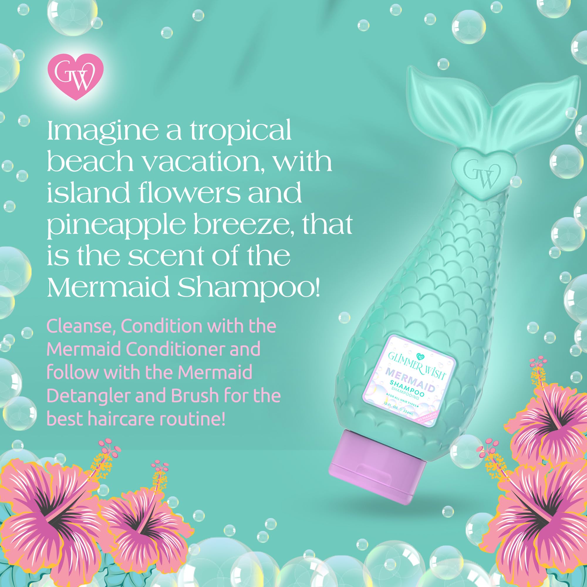 Glimmer Wish Mermaid Kids Shampoo, Paraben and Sulfate Free Shampoo for Soft and Manageable Hair, Kids Hair Care, Tropical Beach