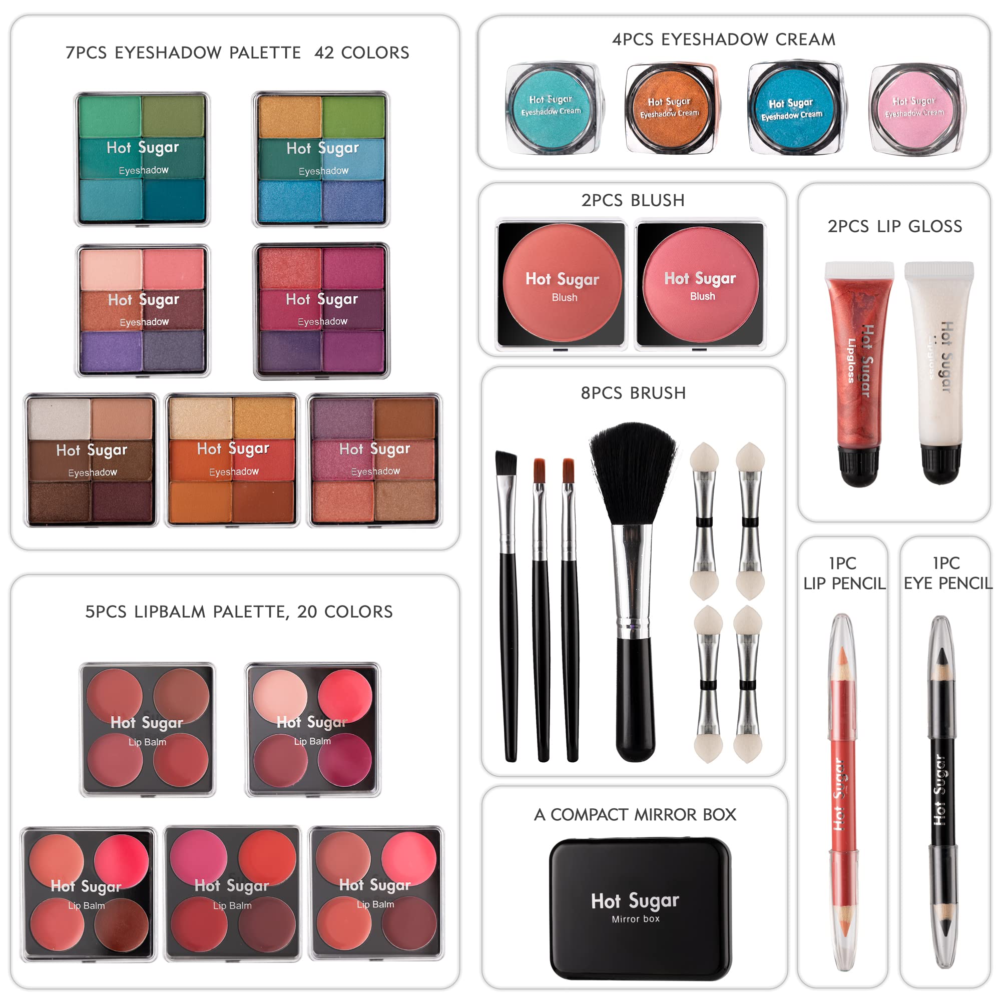 Hot Sugar Makeup Kit For Teenager Girls - Full Starter Cosmetics Set With Eye Shadow Lip Balm Blush Lip Gloss Brush Lip Pencil E