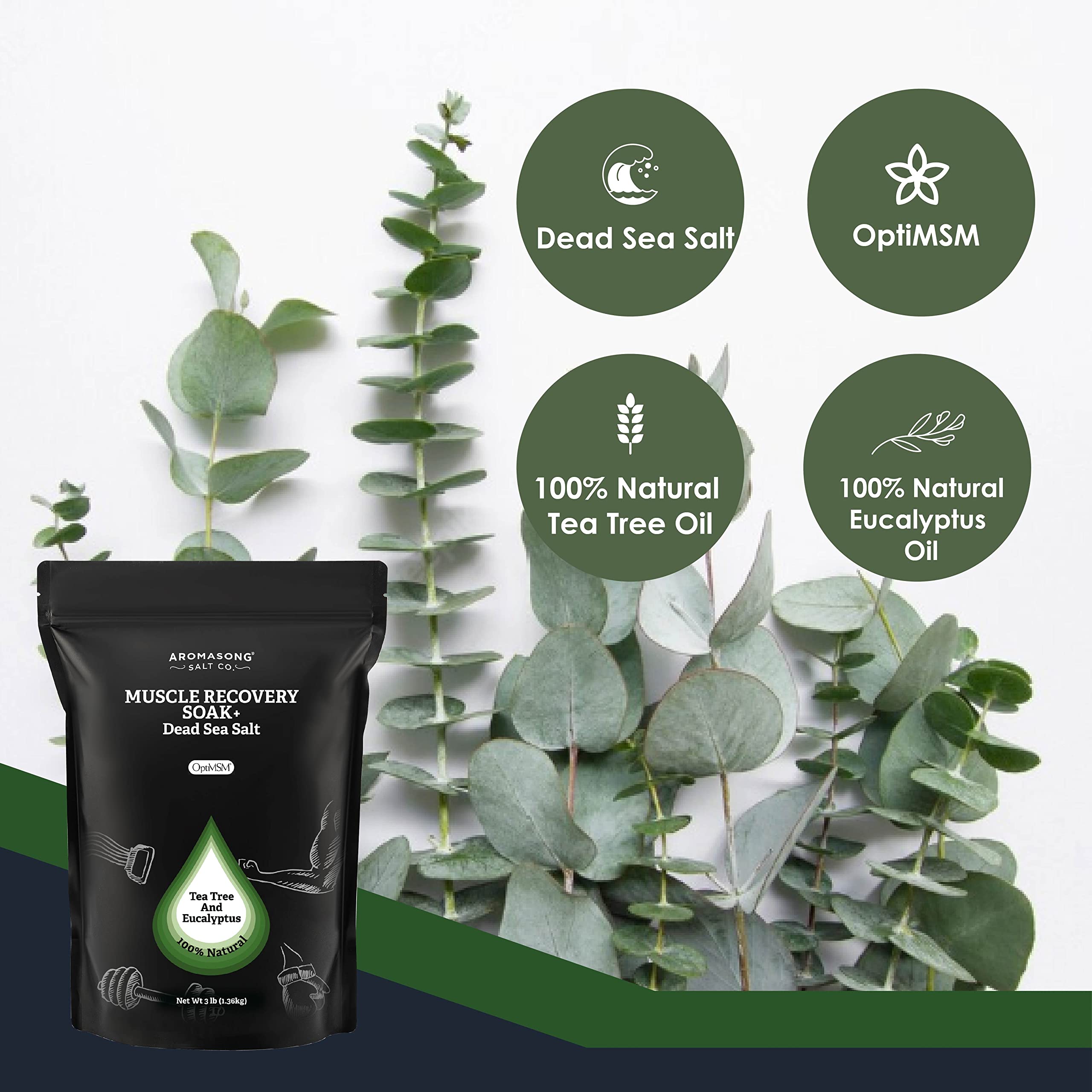 Aromasong Muscle Recovery Bath Soak 3 LB - Natural Bath Salt with Dead Sea Salt, Pure MSM, Magnesium Flakes & Essential Oils for
