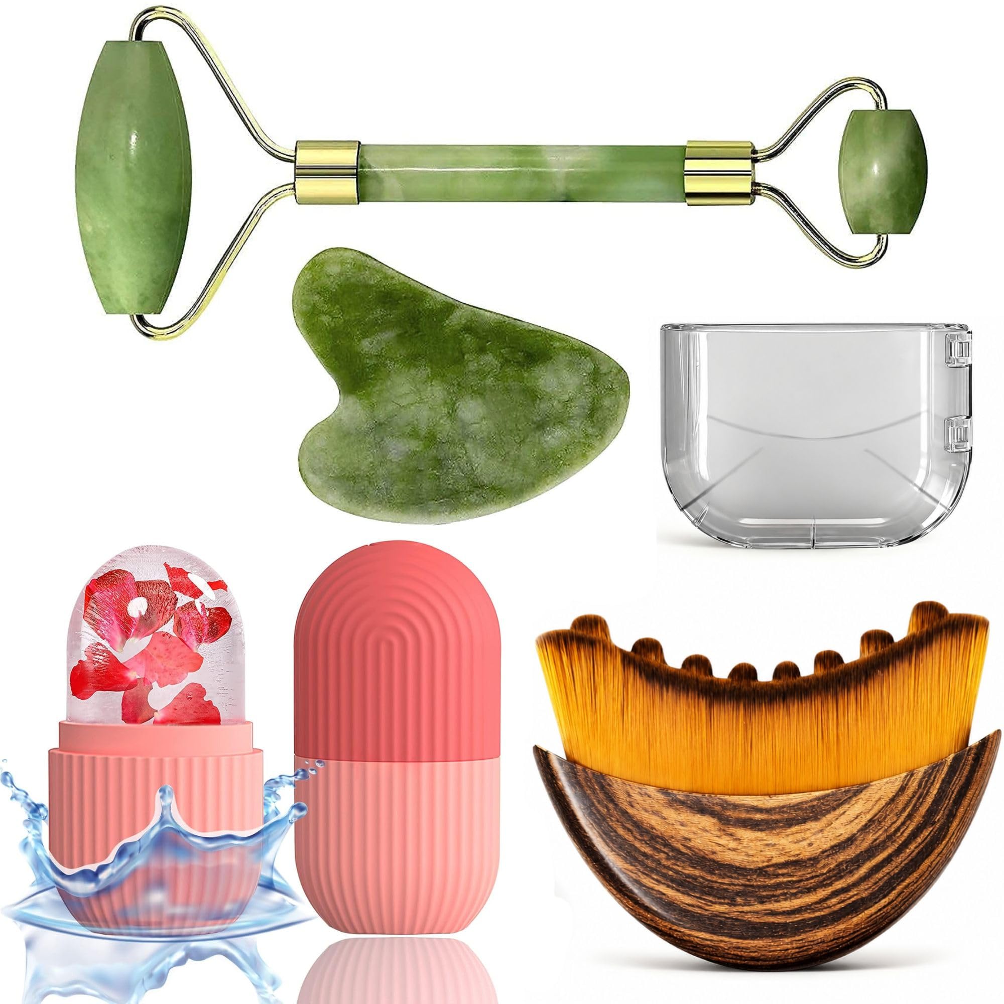 Tryv 4In1 Face Massager Brush Kit W Lymphatic Contour Face Brush, Jade Roller, Gua Sha & Ice Roller For Jawline, Chin & Neck, Re