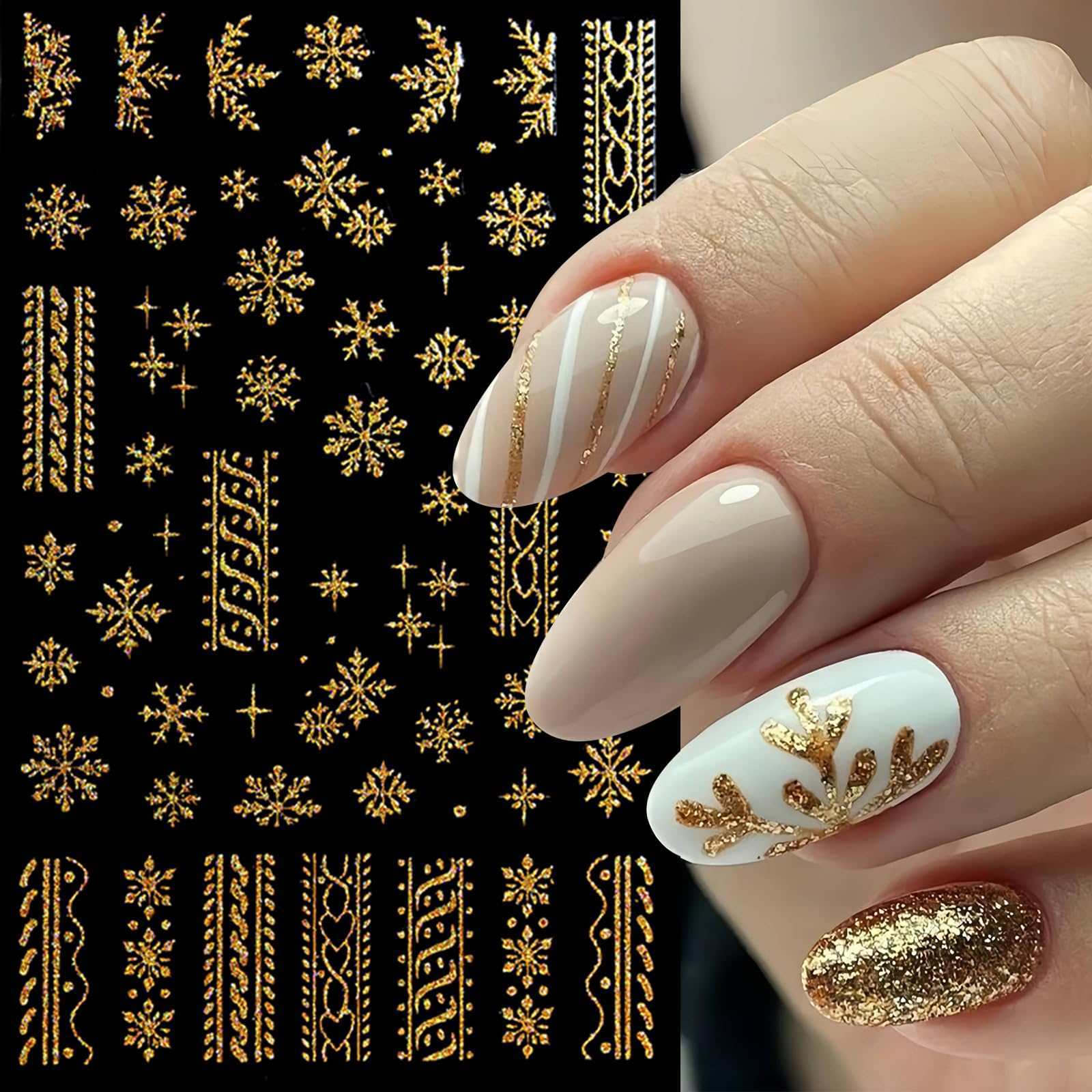 8 Sheets Snowflake Nail Art Stickers 3D Self-Adhesive Christmas Snowflake Glitter Nail Decals Snowflake Xmas Winter Holiday Cute