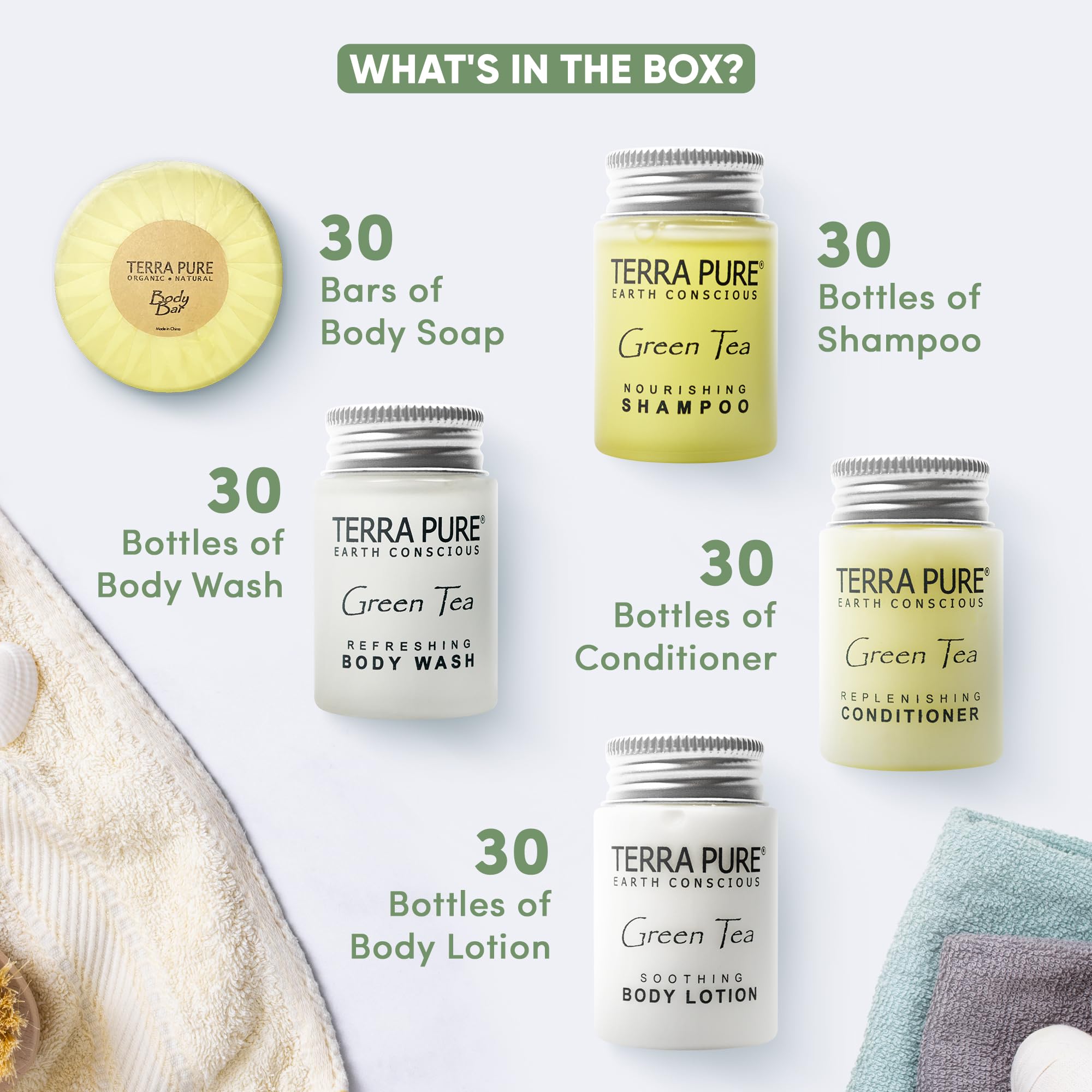Terra Pure Hotel Soaps And Toiletries Bulk Set | 1-Shoppe All-In-Kit Amenities For Hotels | 1Oz Hotel Shampoo & Conditioner, Bod