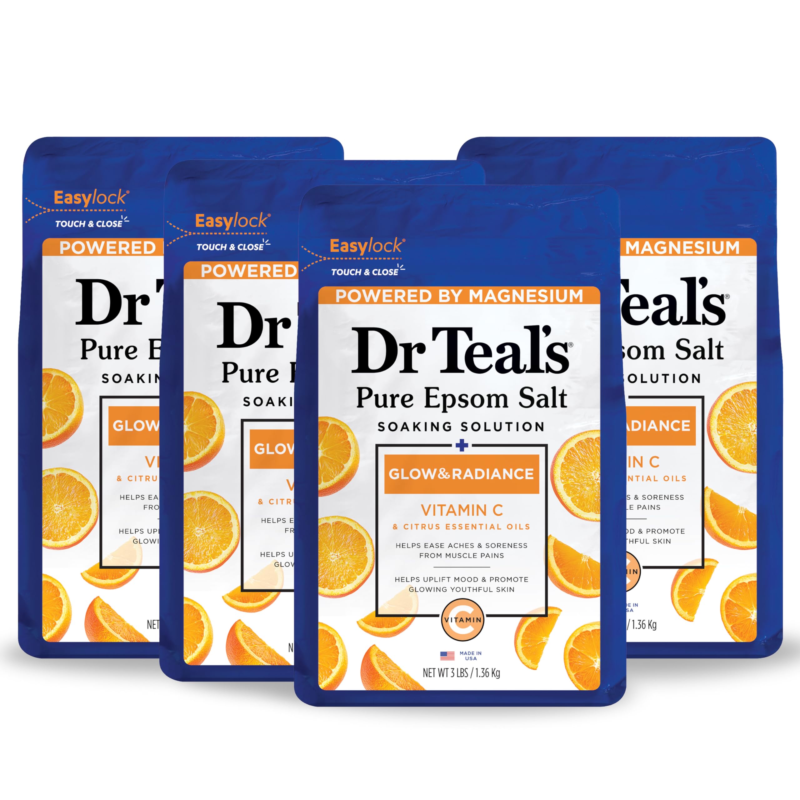 Dr Teal's Pure Epsom Salt Soak, Glow & Radiance with Vitamin C & Citrus Essential Oils, 3 lbs (Pack of 4) (Packaging May Vary)