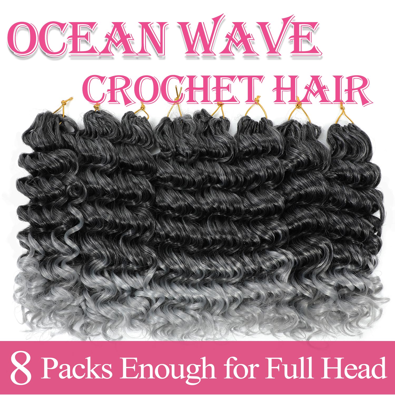 Ocean Wave Crochet Hair 14 Inch 8 Packs Deep Wave Crochet Hair Synthetic Curly Crochet Braiding Hair For Black Women (14 Inch, 8