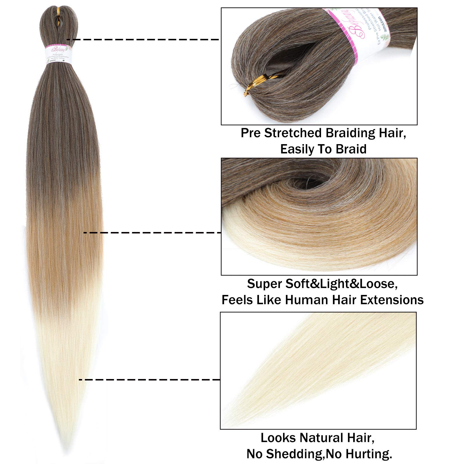 Pre Stretched Braiding Hair 24 Inch 8 Packs Prestretched Braiding Hair Bundles Long Brown/Blonde/White Three Tone Synthetic Croc