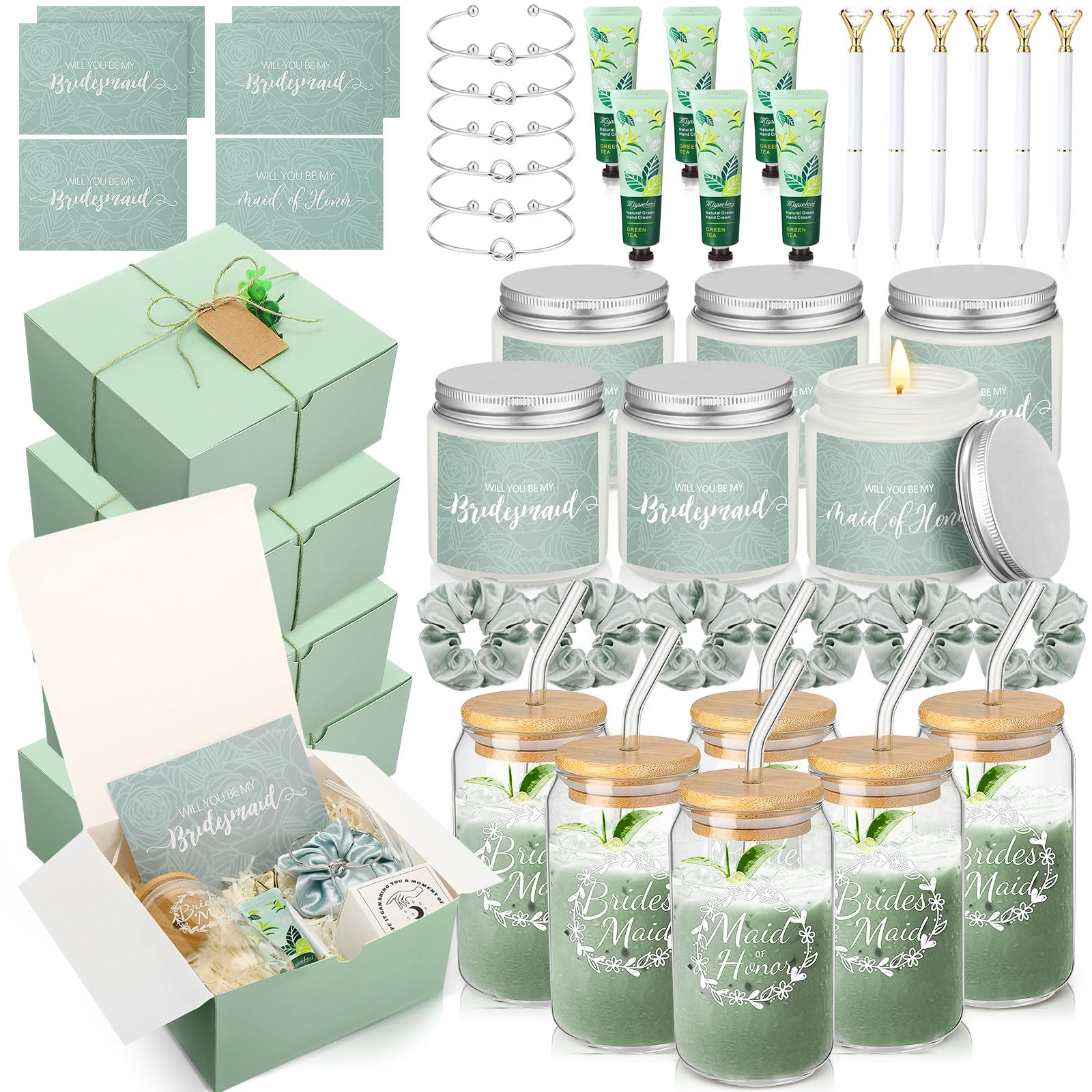 Teenyyou 60 Pcs Bridesmaid Proposal Gifts Bridesmaid Box Set, Maid of Honor Gifts Include Box Glass Cup Candle Cards Scrunchies 