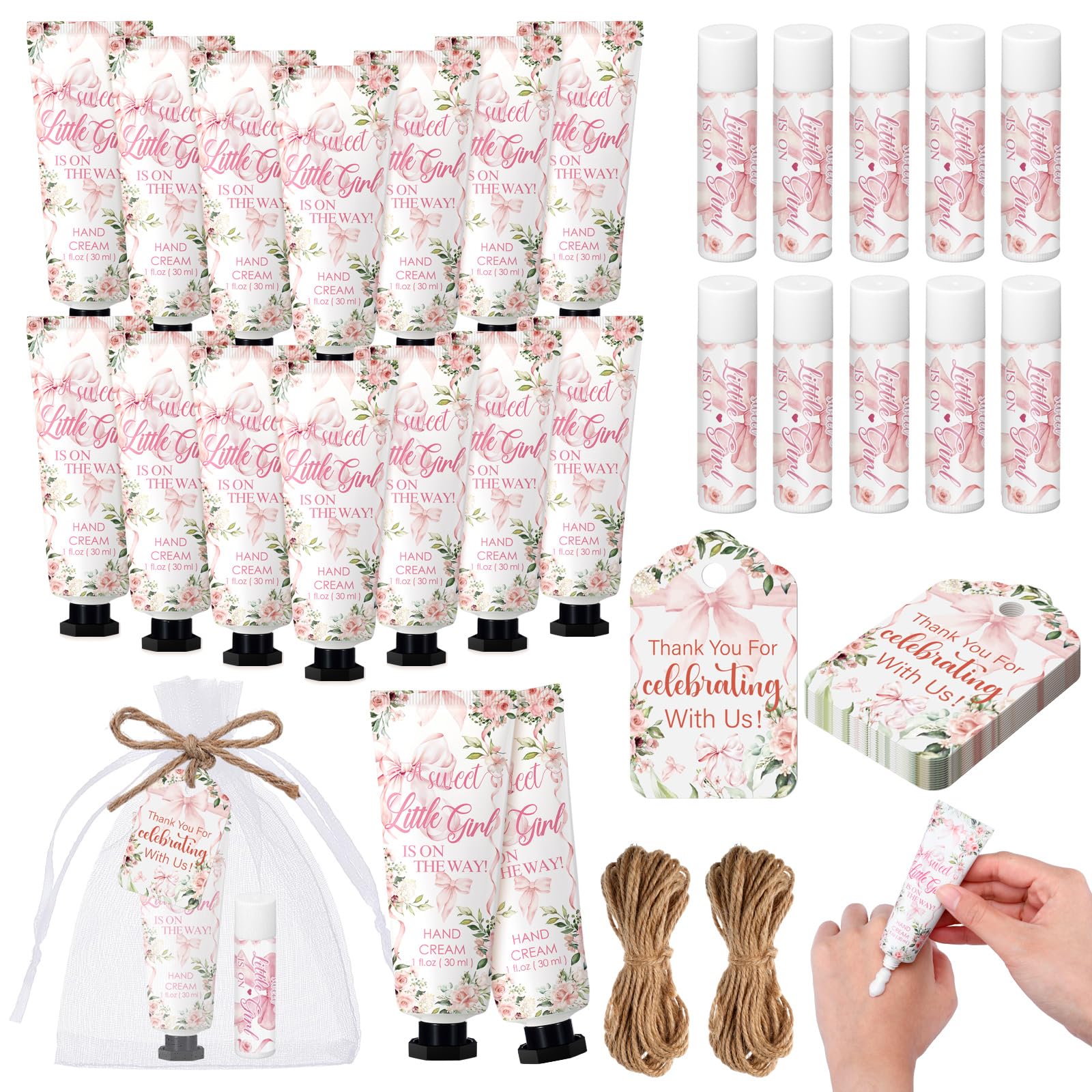 24 Sets Pink Bow Baby Shower Hand Cream and Lip Balm Gift, a Sweet Little Girl Is on The Way Baby Shower Favors, Pink Bow Party 