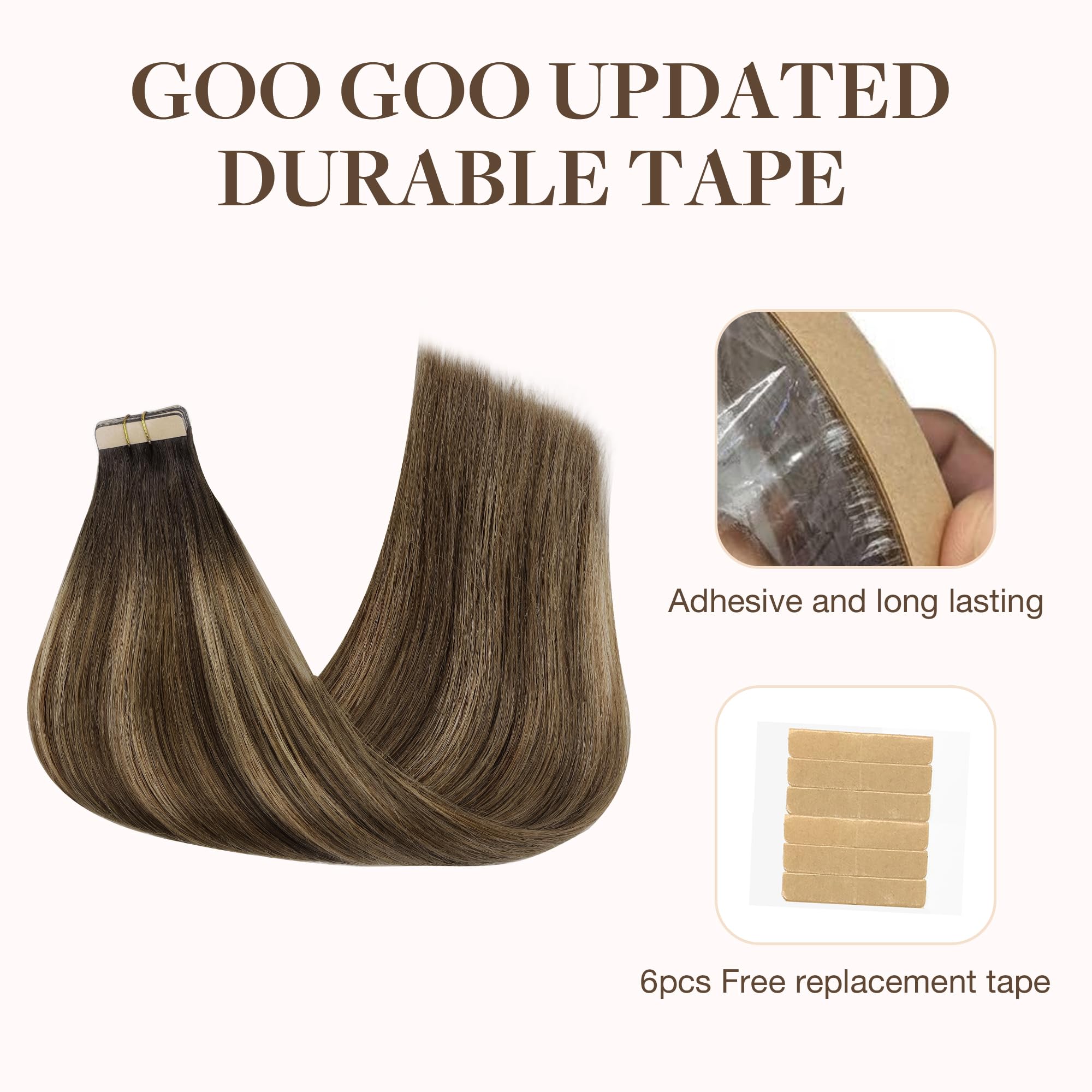 Goo Goo Tape In Hair Extensions Human Hair, 4D/14/5B Brunette Balayage, 12Inch 40G 20Pcs, Thick Ends Straight Seamless Tape In,