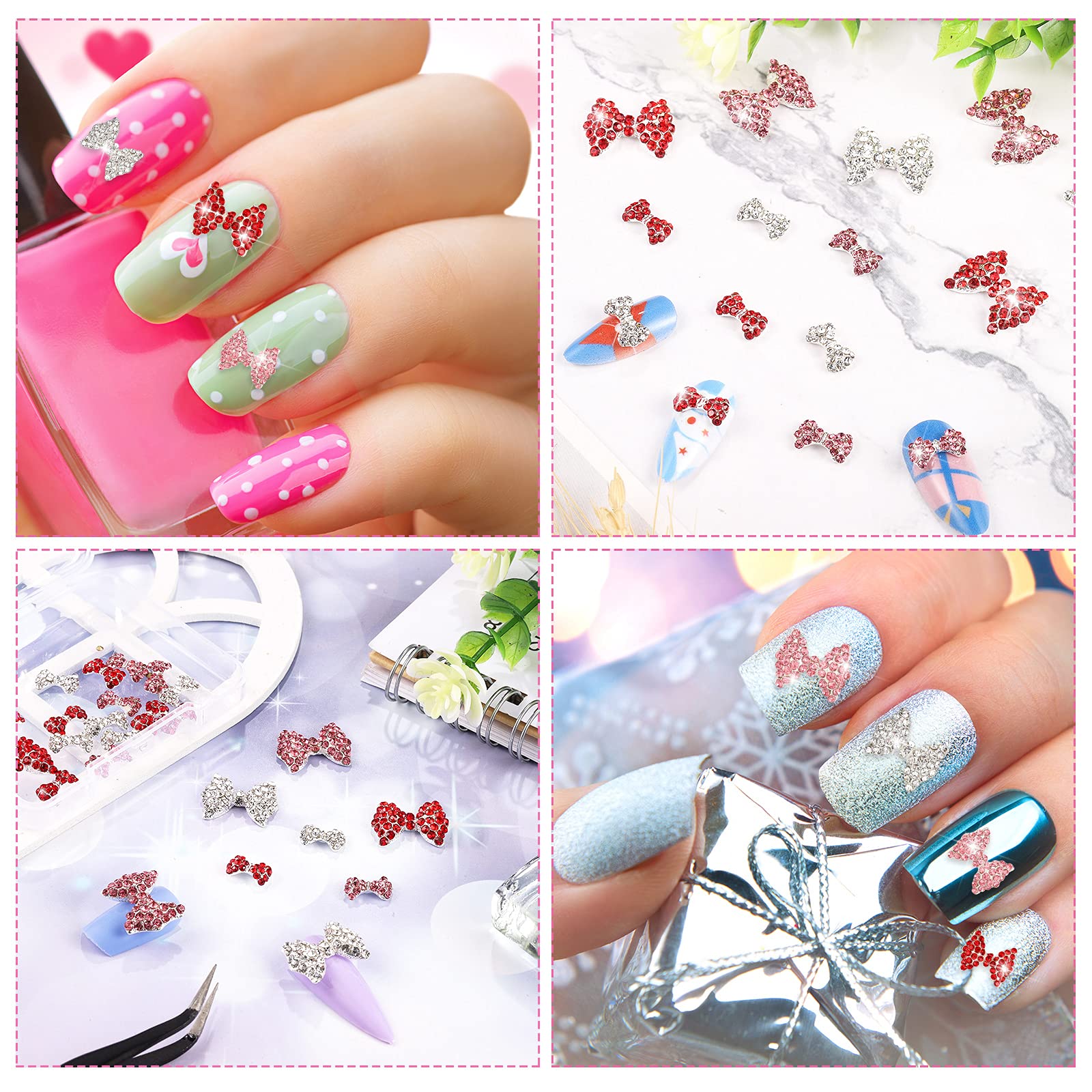 Maitys 24 Pieces Valentine'S Day Nail Bows Charms Rhinestones 3D Nail Charms Nail Art Charms Alloy Pearl Bowknot Nail Accessory