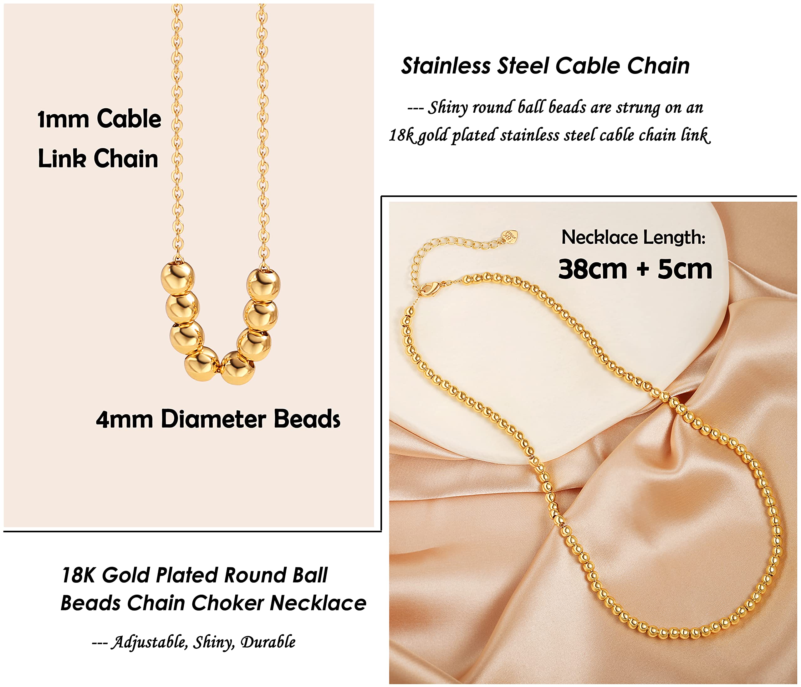 Aobei Pearl 18K Gold Ball Beaded Necklace Minimalist Beads Chain Choker Necklace Handmade Ball Strand Jewelry for Women Girls 15