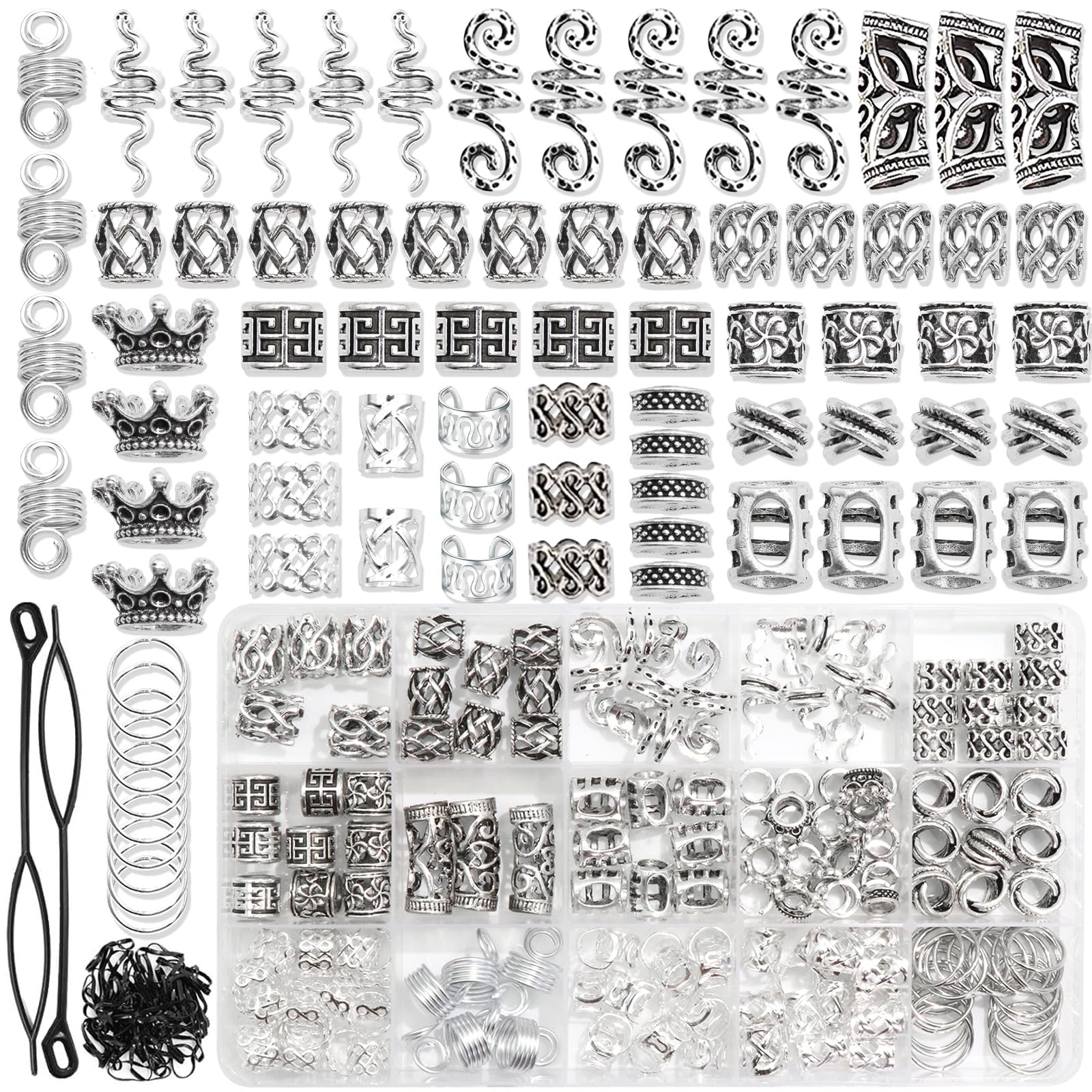 NAISKA Vikings Hair Jewelry for Braids 231Pcs Norse Runes Tube Beads Cross Snake Loc Dreadlock Accessories Non-Piercing Ear Cuff