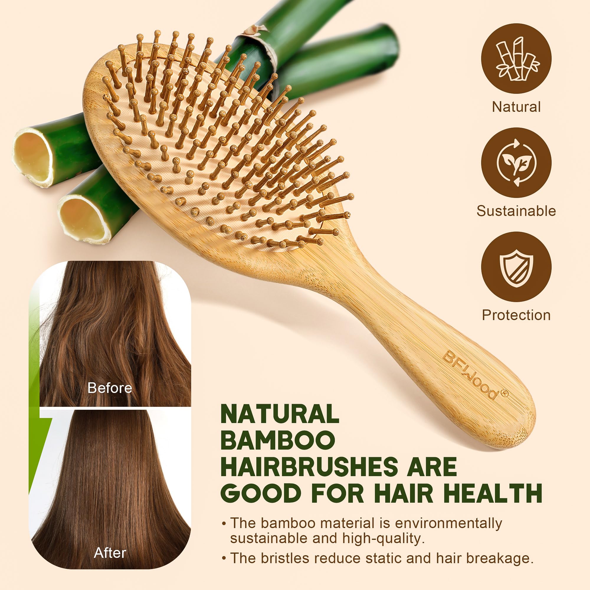 Bfwood Bamboo Hair Brush For Hair Growth, Natural Wooden Brush And Detangle Tail Comb Set, Paddle Hairbrush For Massaging Scalp,