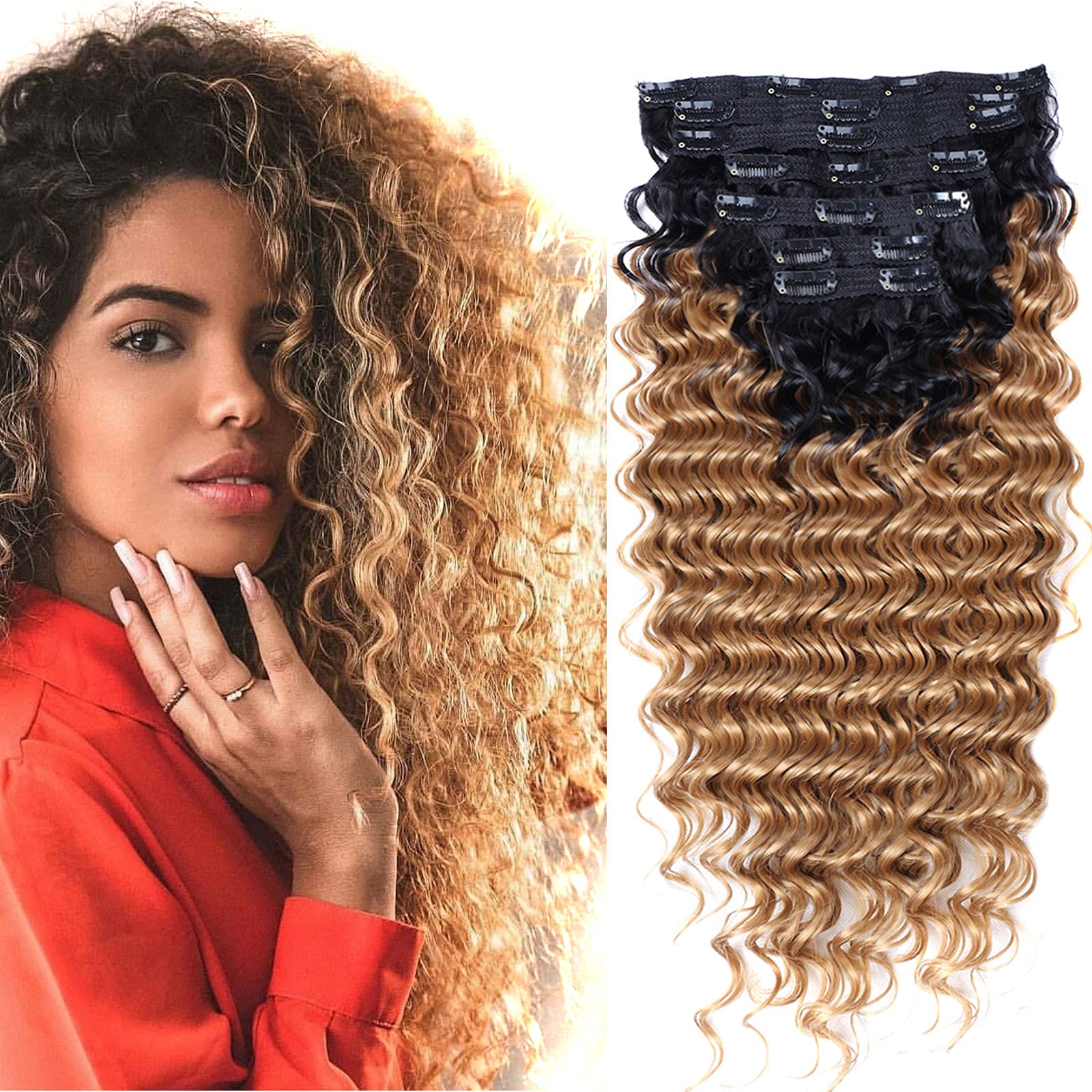 Deep Wave Clip In Hair Extension Human Hair Feeling Double Weft Hairpiece Synthetic For Women Thick Ombre Hair Extension Clips N