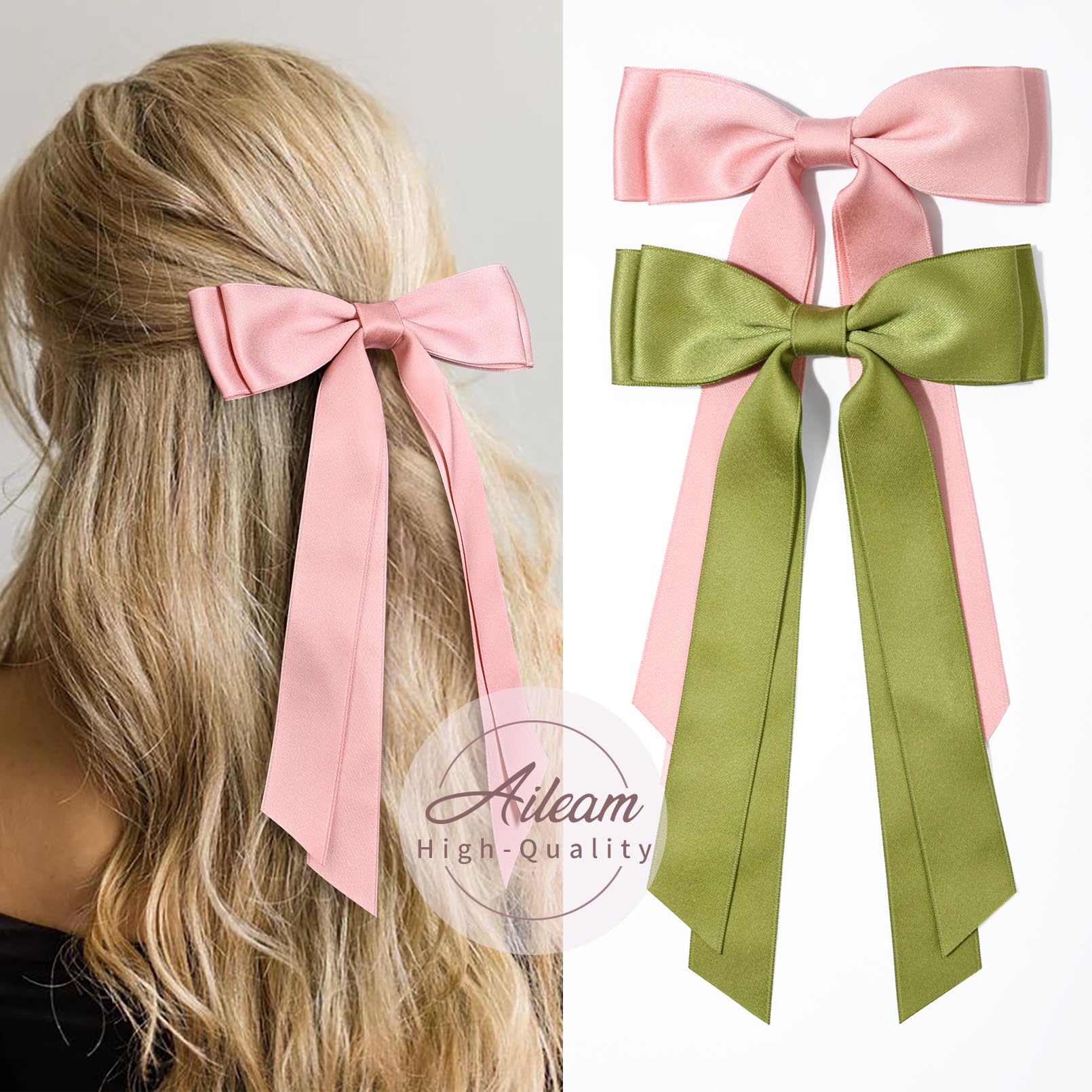 2Pcs Silky Satin Hair Bows Hair Clip Pink Green Hair Ribbon Ponytail Holder Accessories Slides Metal Clips Hair Bow For Women Gi