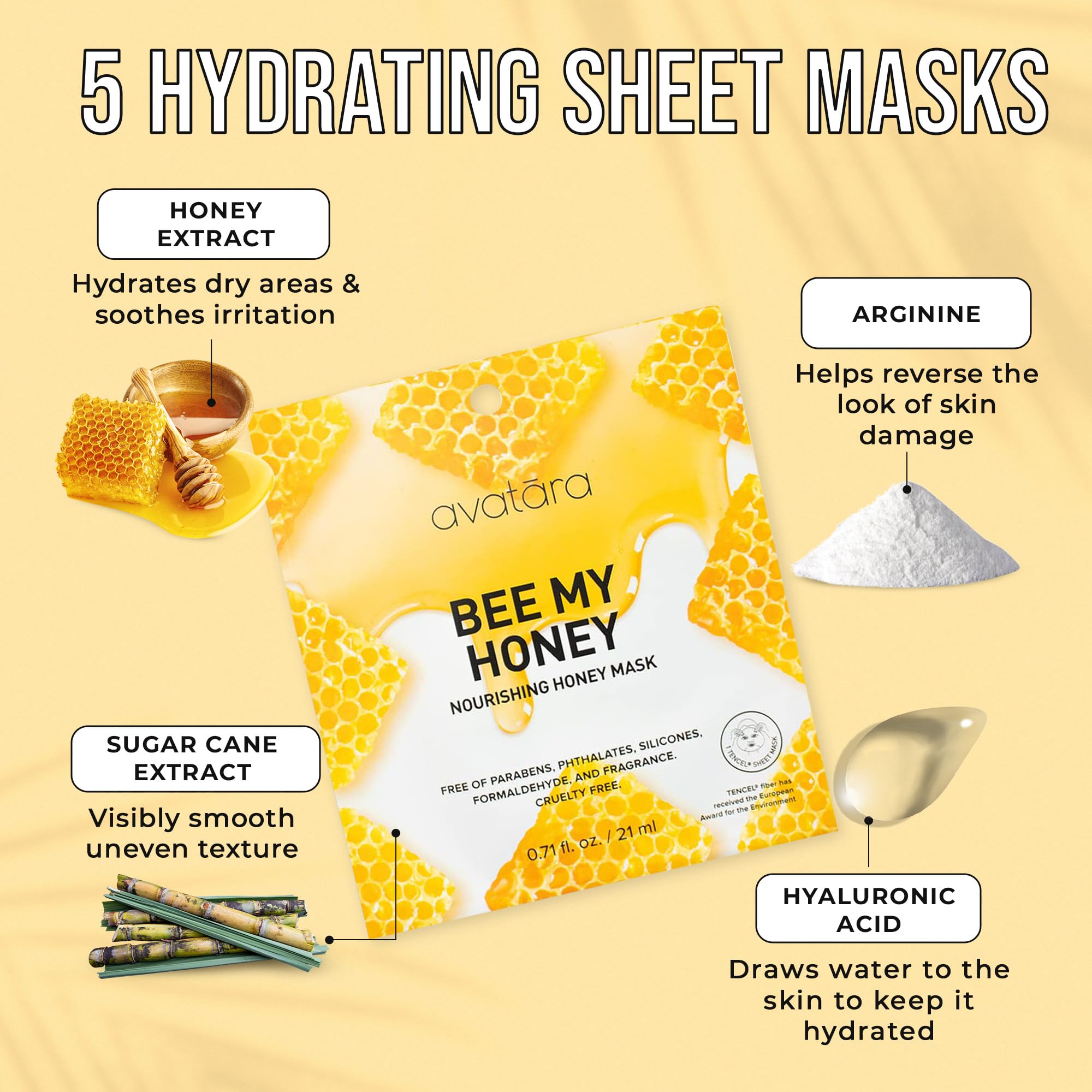 Avatara Bee My Honey Facial Mask 5 Sheets, Hydrating Sheet Masks With Honey And Sugar Cane Extract, Face Mask Skincare Beauty Es