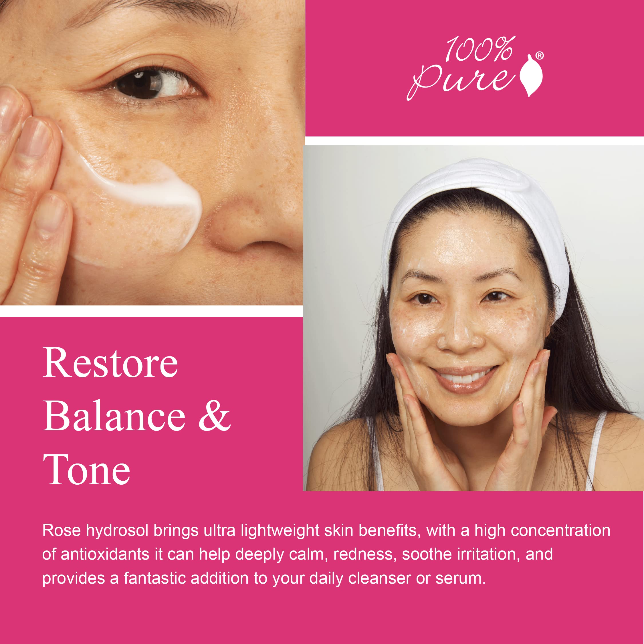 100% PURE Rose Water Hydrating Milk Face Moisturizer Natural Care Hyaluronic Acid, Squalene Replenish Suppleness Dry Dehydrated