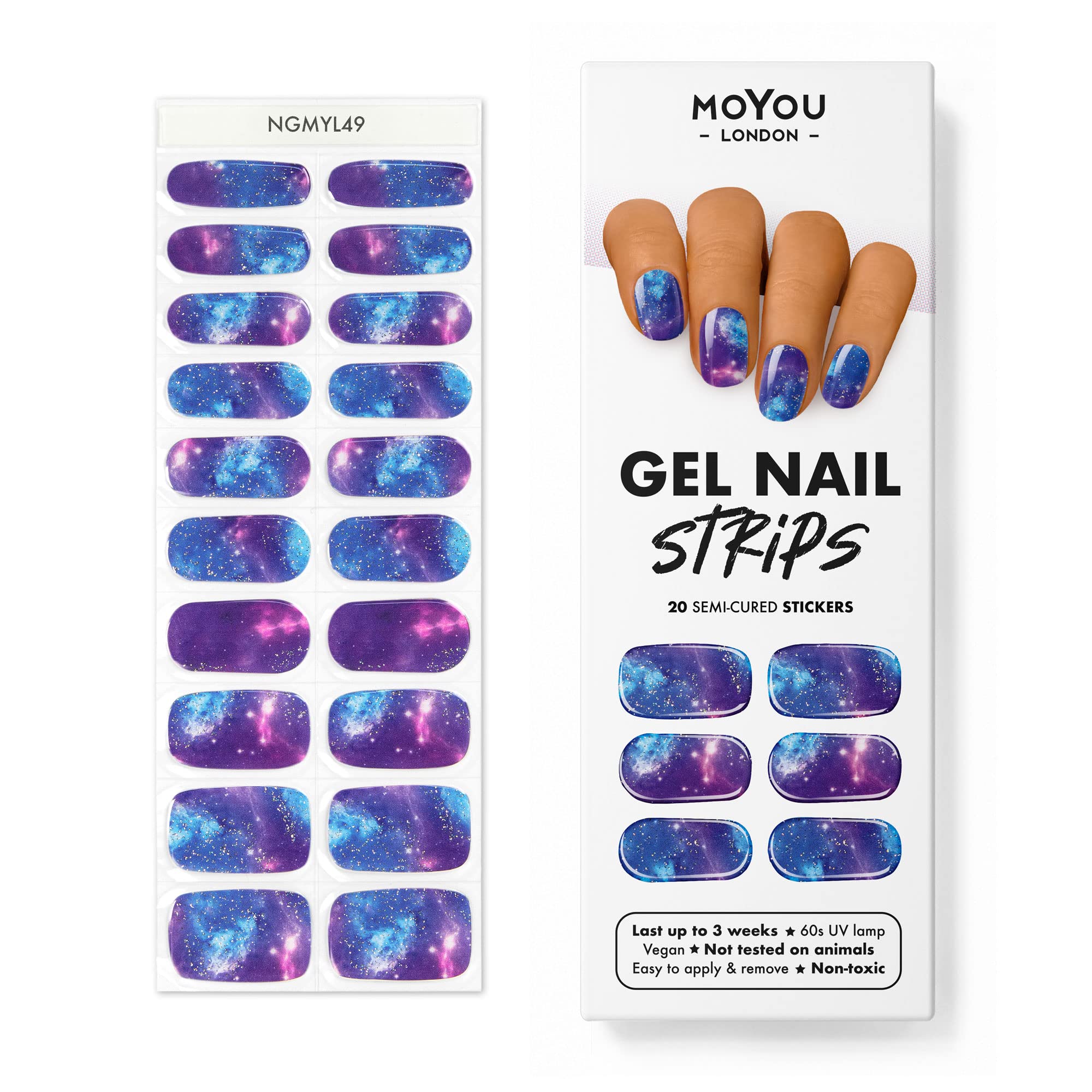 MOYOU LONDON Semi Cured Gel Nail Strips - 20 Pcs. Nail Wraps for Salon-Quality Manicure - Works with Any UV Lamp - Easy to Apply