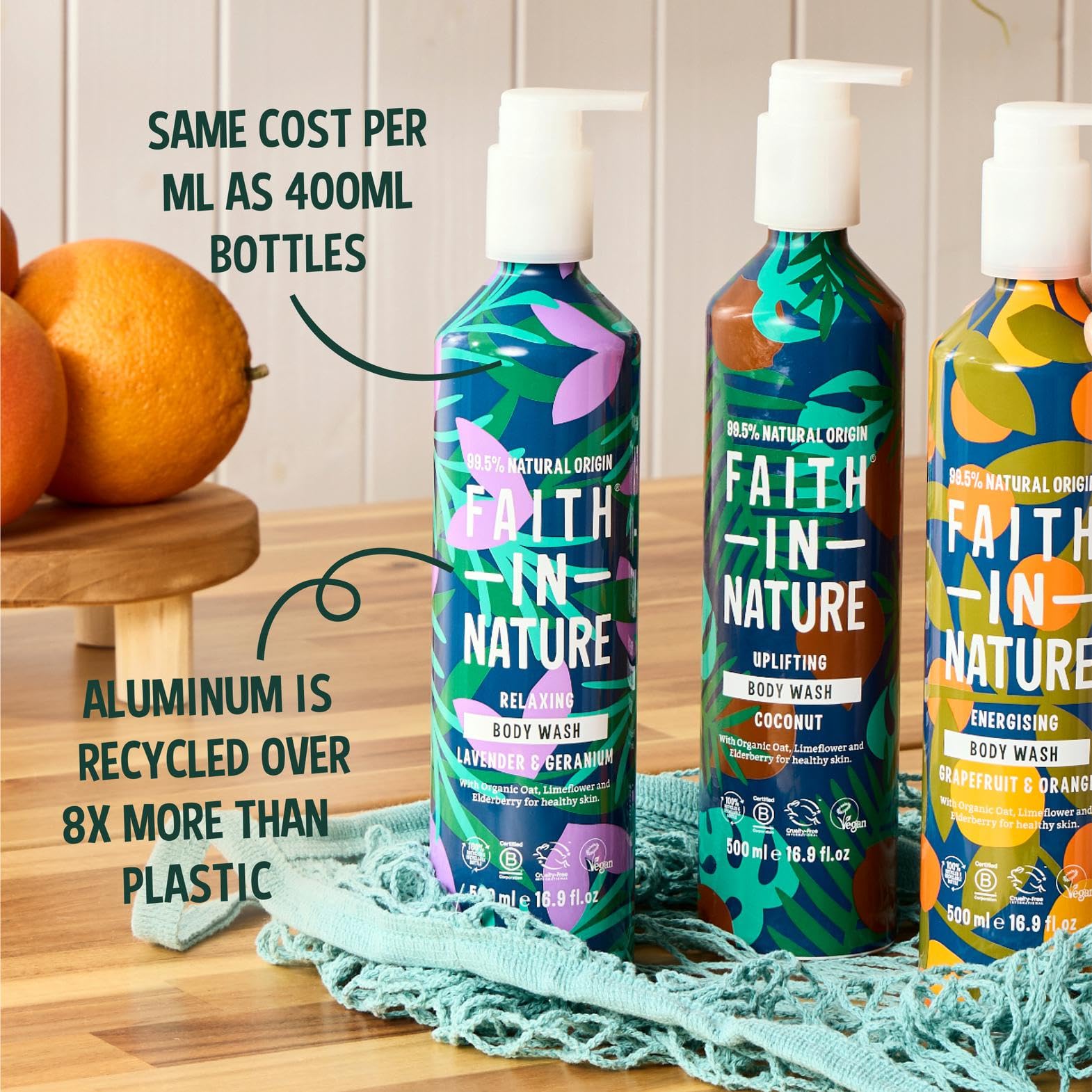 FAITH IN NATURE Natural Aluminium Bottle Body Wash - Vegan & Cruelty Free, No SLS or Parabens - 16.9 fl oz, Lavender & Geranium
