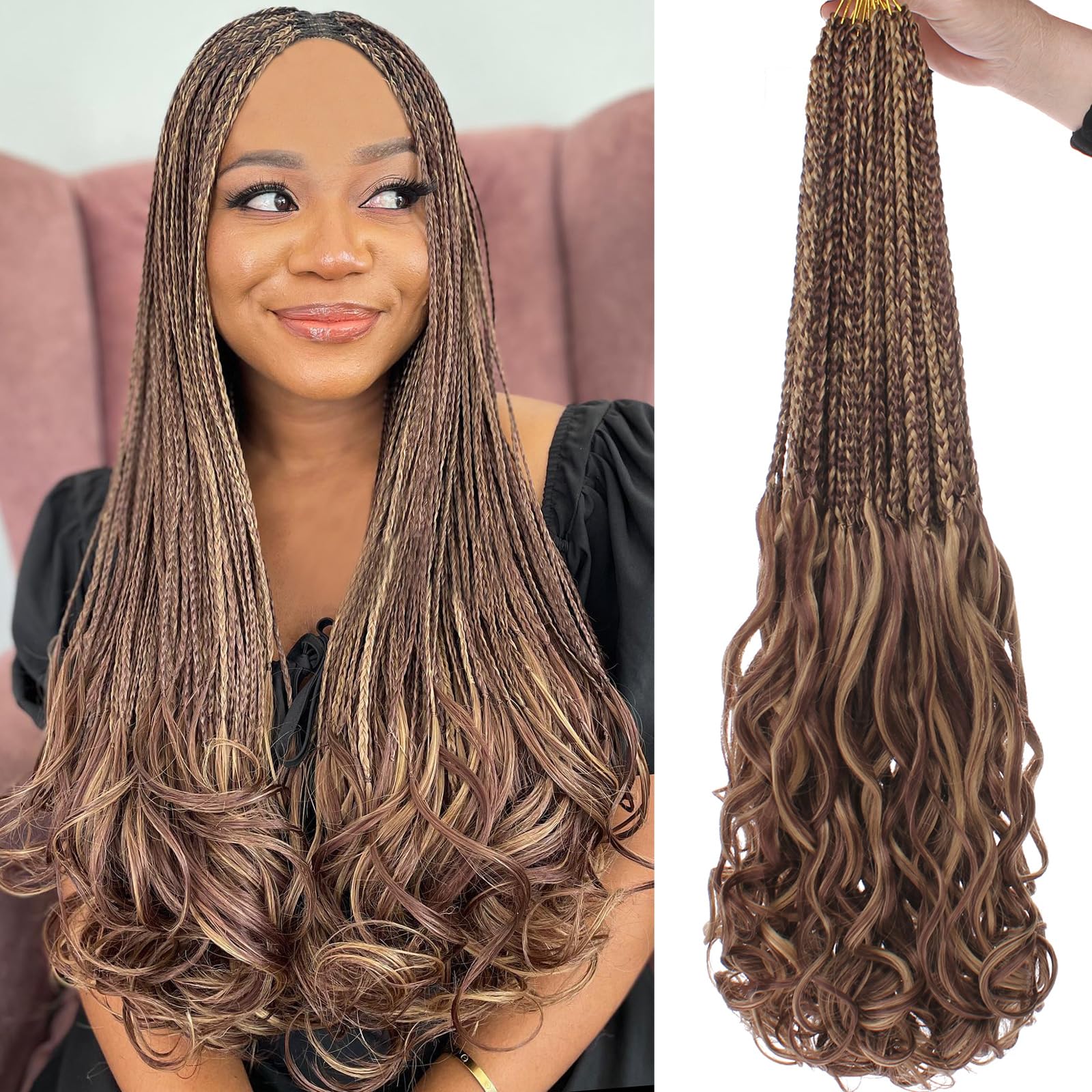 COOKOO 9 Pack 24 Inch French Curl Braids Crochet Hair Pre Looped Curly Box Braids Ombre Brown Loose Curly Synthetic Braiding Hai