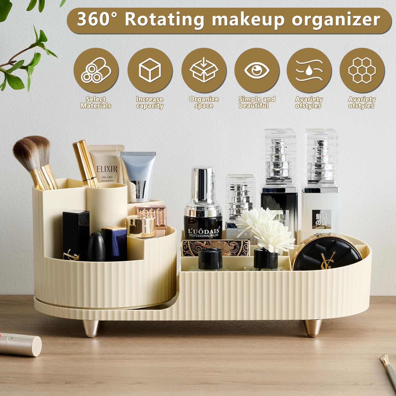 RUIQING New 360 Rotating Makeup Organizer,Large-Capacity Makeup Organizer for Vanity, Can Easily Store Makeup Brushes, Makeup ,S