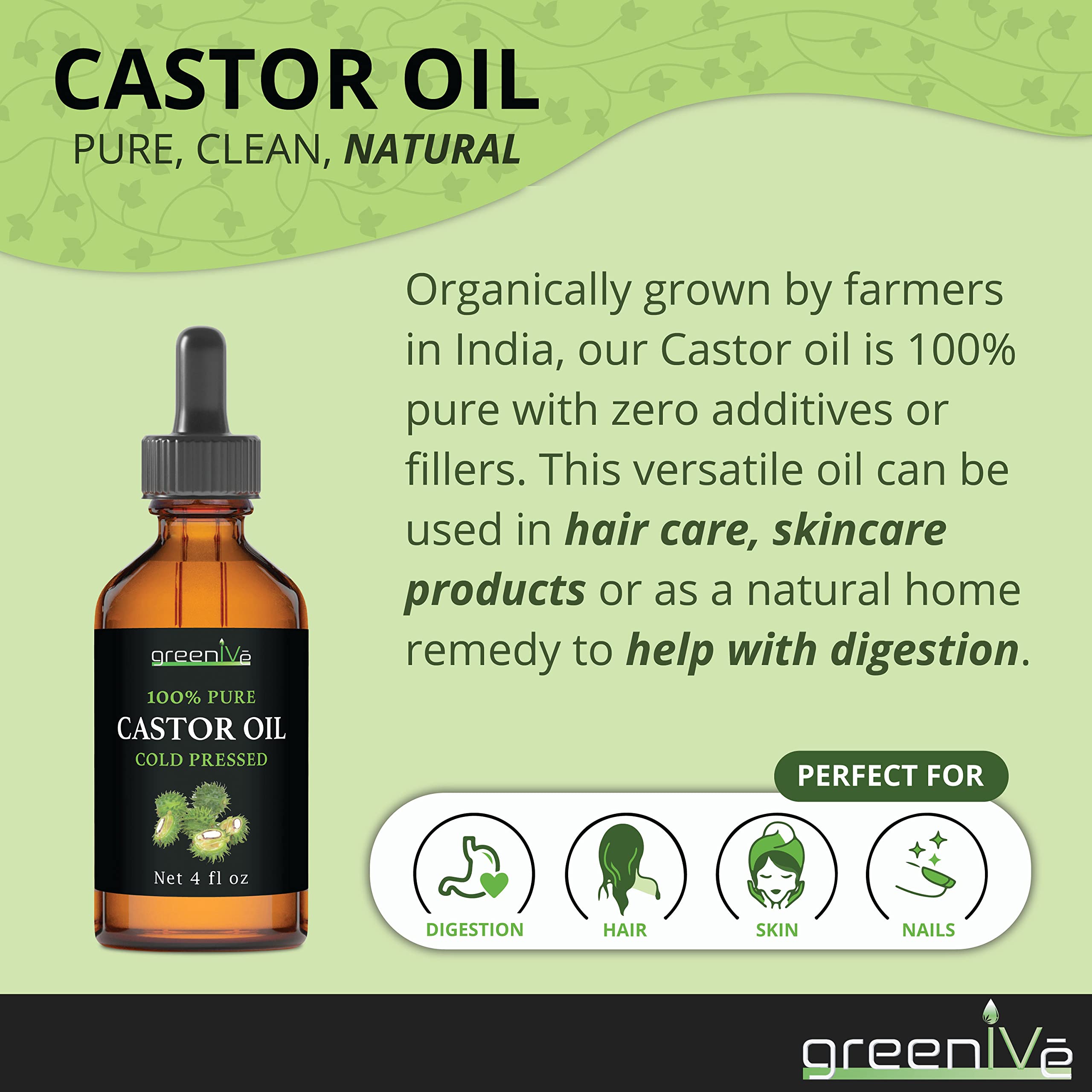 GreenIVe 100% Pure Cold Pressed Castor Oil - Hexane Free - 4 Fl Oz