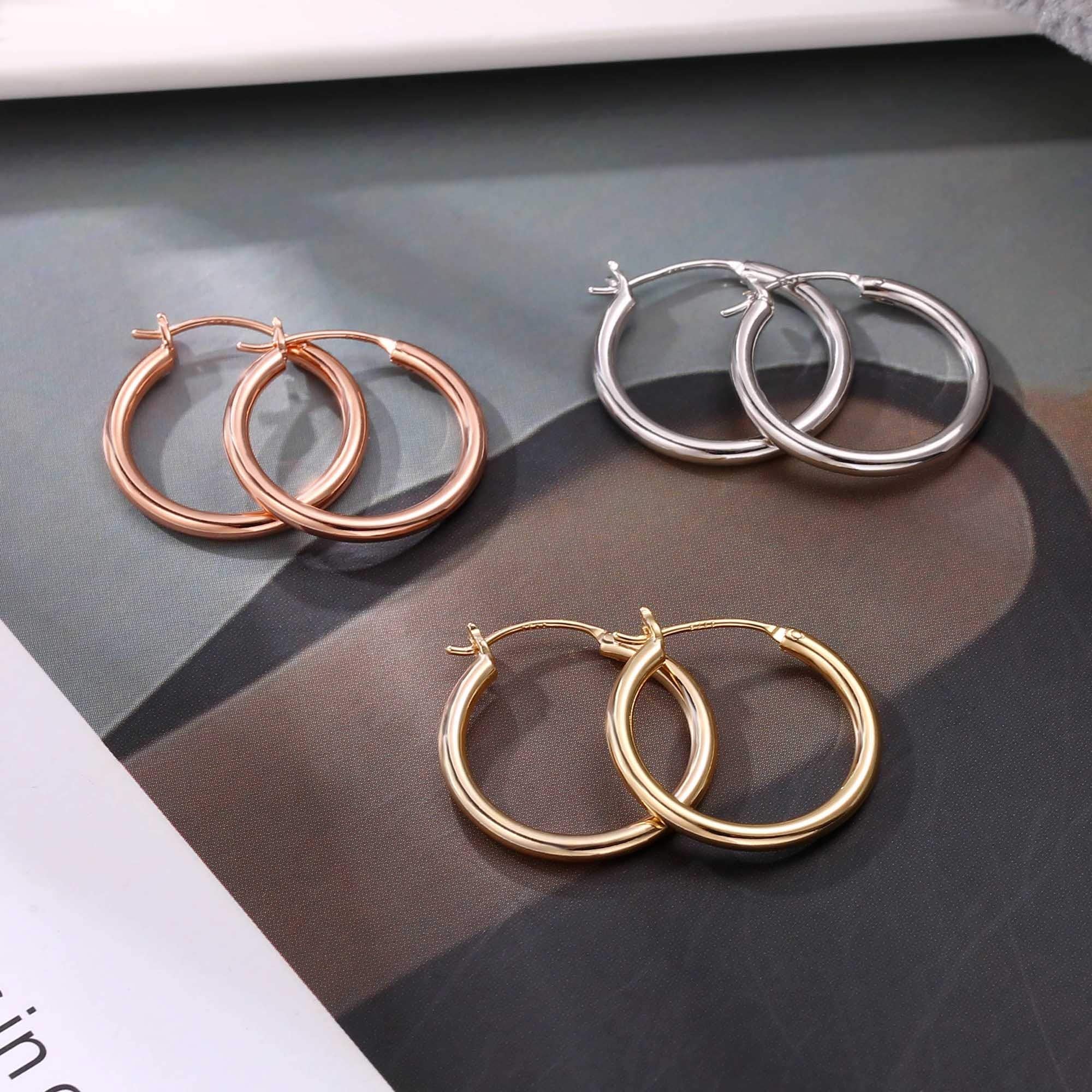 M MOOHAM Small Silver Hoop Earrings for Women, White Gold Plated 925 Sterling Silver Post Hypoallergenic Chunky Mini Hoops Earri
