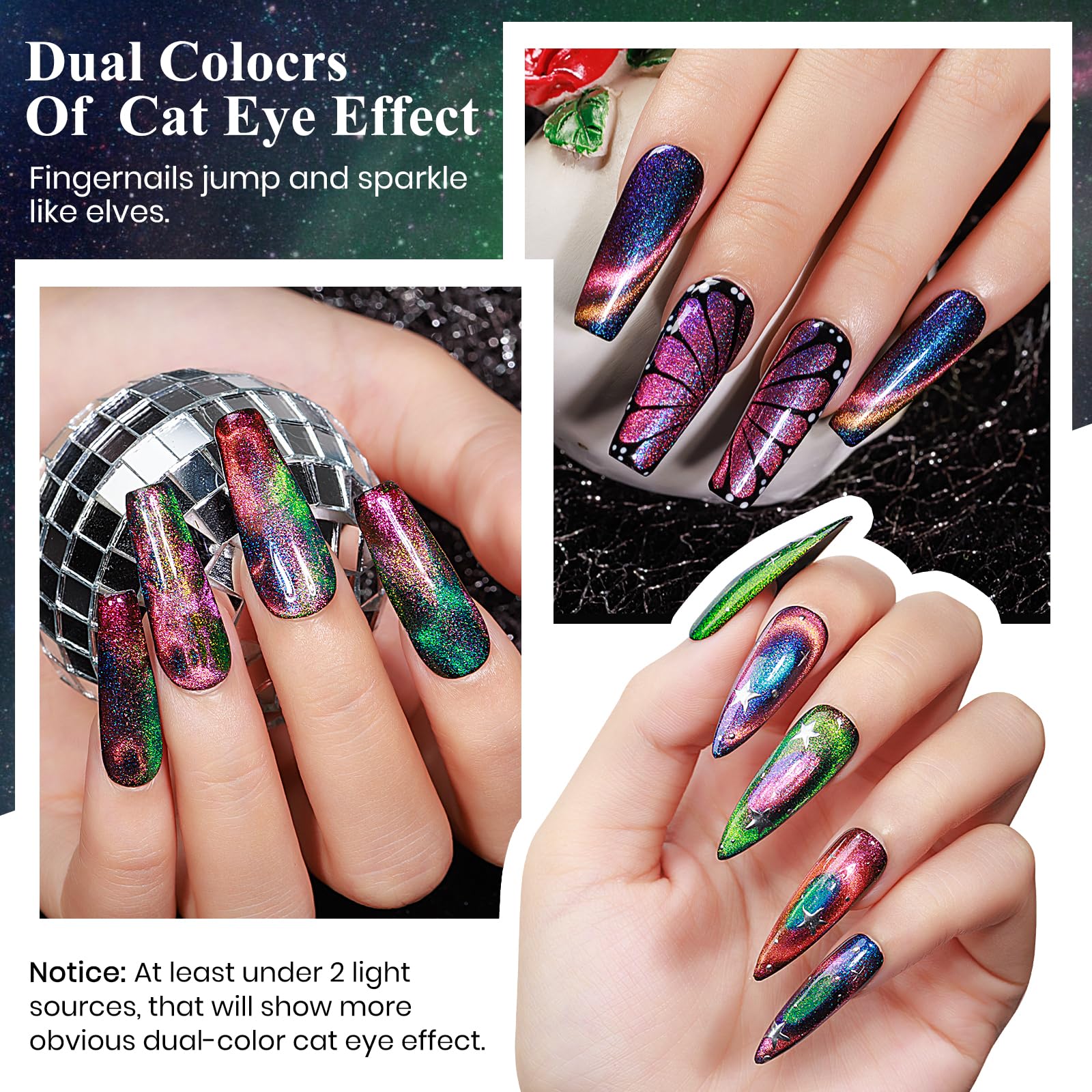 Mizhse 9D Cat Eye Gel Nail Polish: Magnetic Gel Polish Set 10 Ml 6 Colors With 2 Magnet Sticks, Chameleon Magic Galaxy Shiny Eff