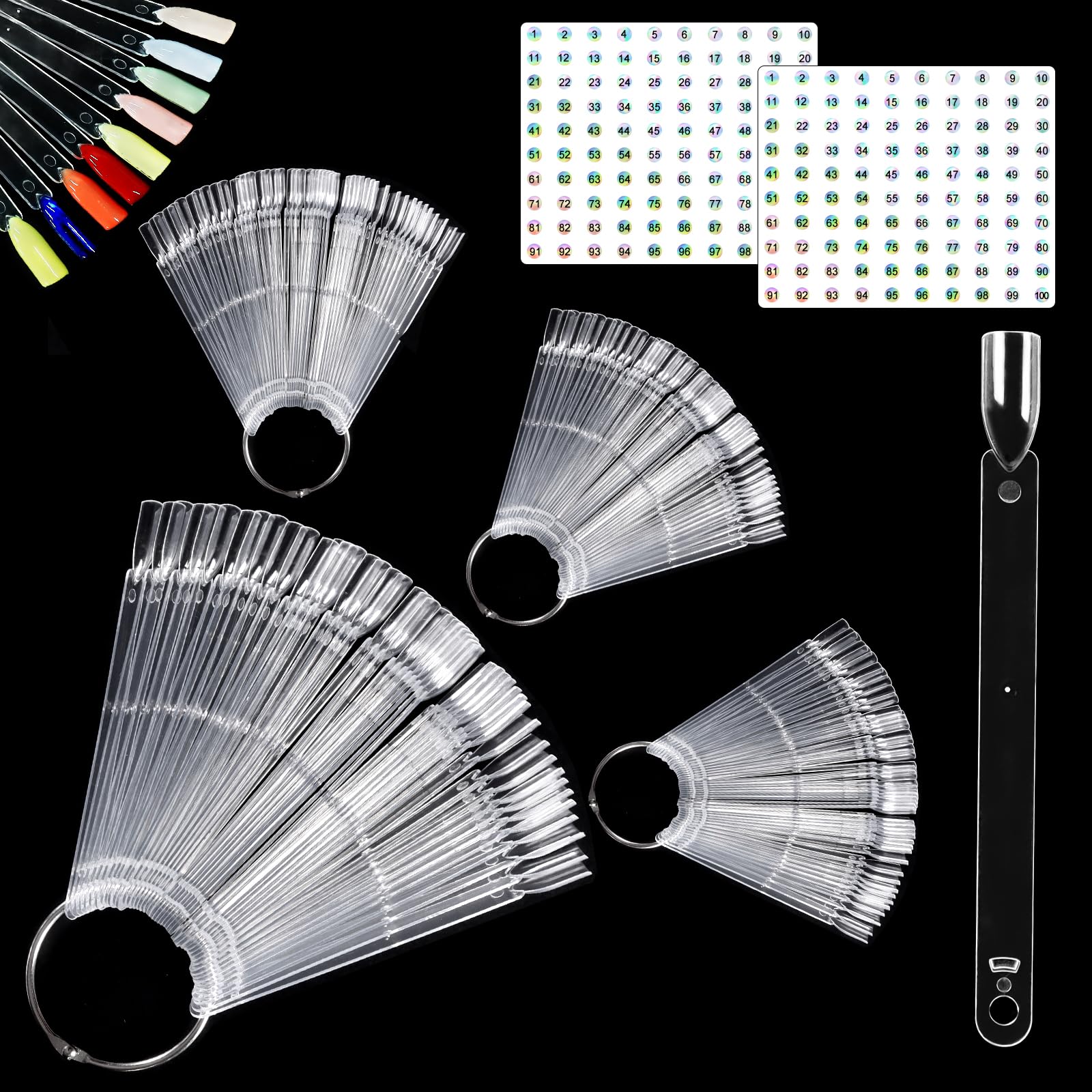 Allstarry 200 Pcs Clear Nail Swatch Sticks with Ring and Numbered Tip Flat head Shaped Nail Art Polish Display Tips, False Nail 